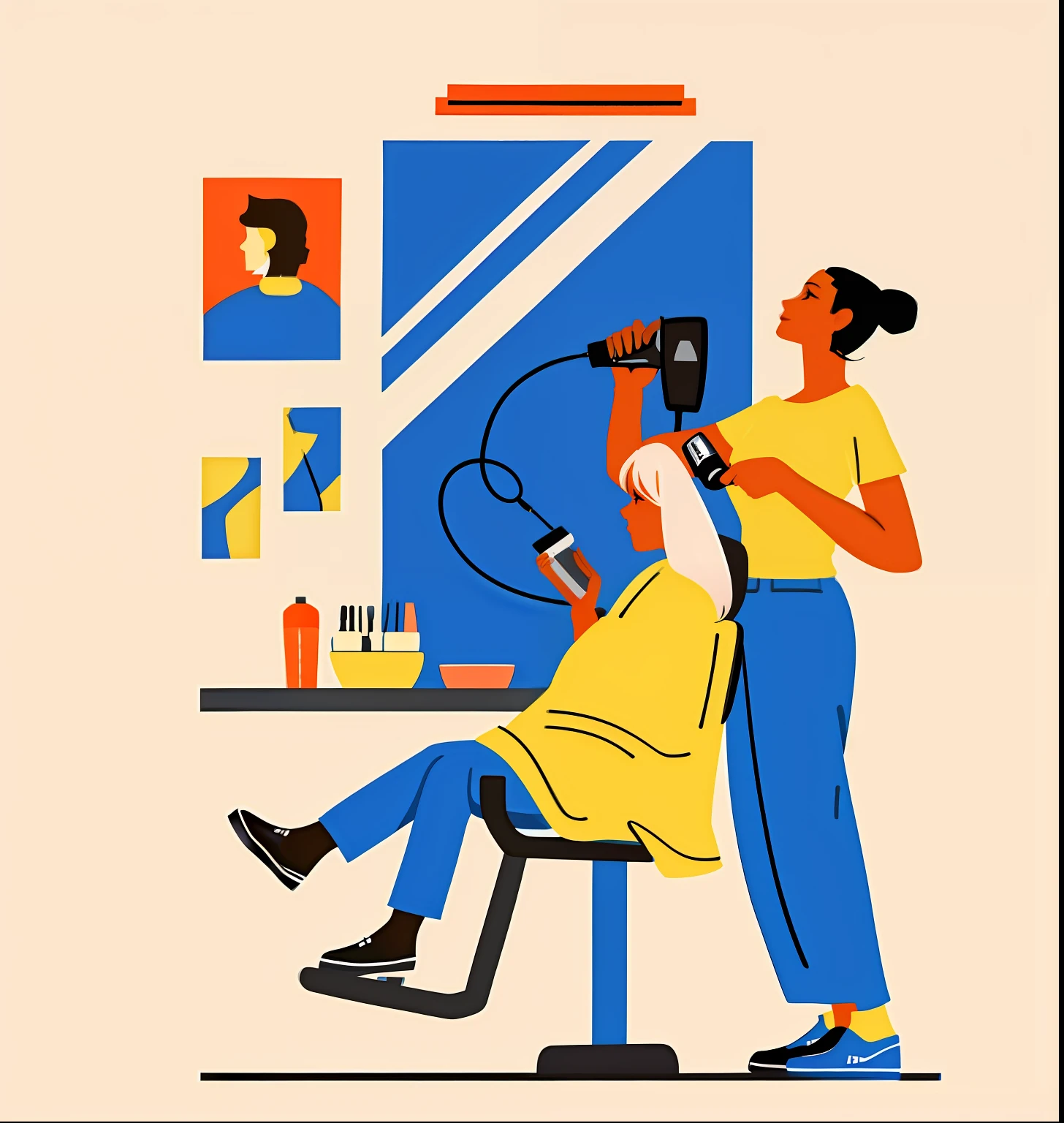 The barber stands,Use a hair dryer to blow the hair of a seated white-haired woman,White-haired woman sitting on chair playing with her phone,Cartoon style,adolable