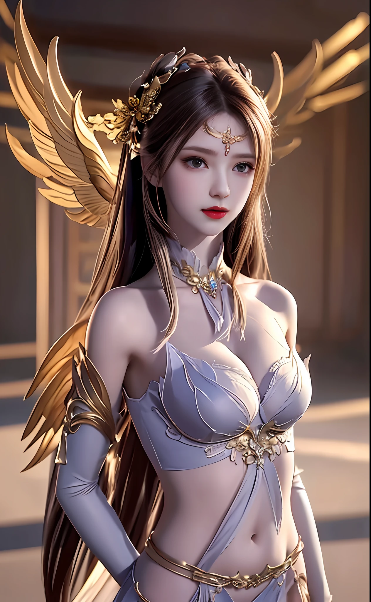 ((masterpiece, best quality;1.3)), ultra - detailed,plethora of colors,extremely detailed and beautiful background,1girl,独奏,highly detailed beautiful face,beautiful face,Angelic,Detailed angel costume in gold,Wings Angel,feater,Fantasy landscape,epic,The sword,holdingsword,undefined,Qiancheng Xue,Clear belly pocket,Erotic lingerie,with hands behind her back