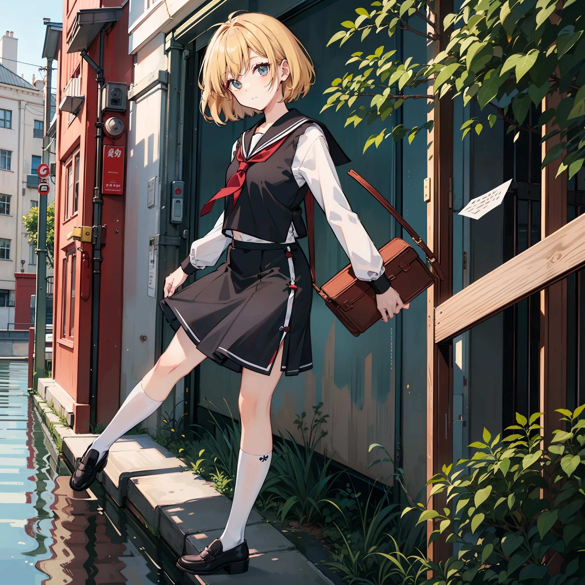 Description of a short-haired young woman holding a briefcase, 1 girl, Solo, Merlin Prism River, School uniform, Just flat, Skirt, shoes, serafuku, White Sailor Uniform, sox, mary janes, School Background, different costume, Long sleeves, Blonde, Full body, Looking at Viewer, Short hair