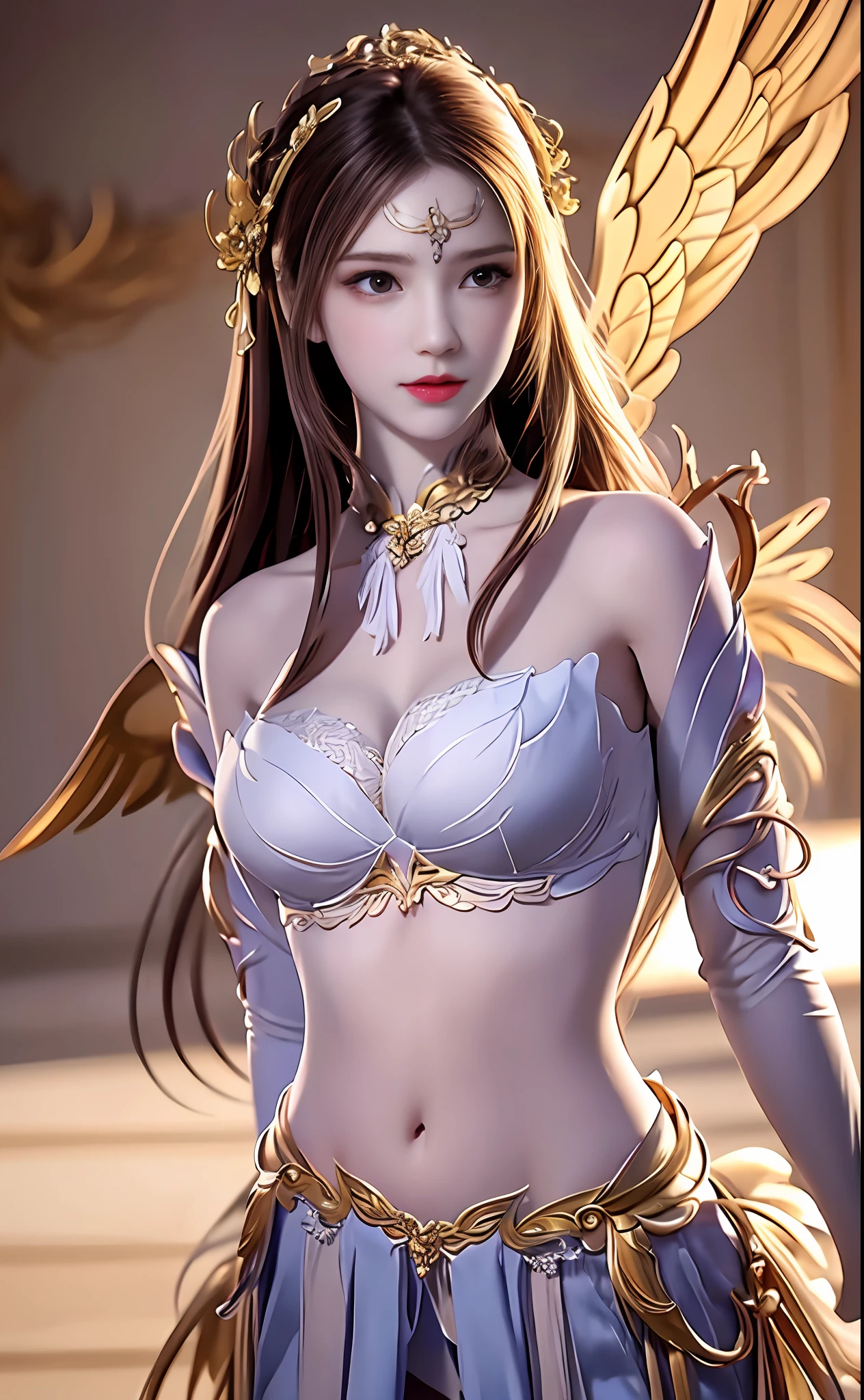 ((masterpiece, best quality;1.3)), ultra - detailed，plethora of colors，extremely detailed and beautiful background，1girl，独奏，highly detailed beautiful face，beautiful  face，Angelic，Detailed angel costume in gold，Wings Angel，feater，Fantasy landscape，epic,The sword,holdingsword,undefined,Qiancheng Xue,Clear belly pocket，Erotic lingerie，with hands behind her back