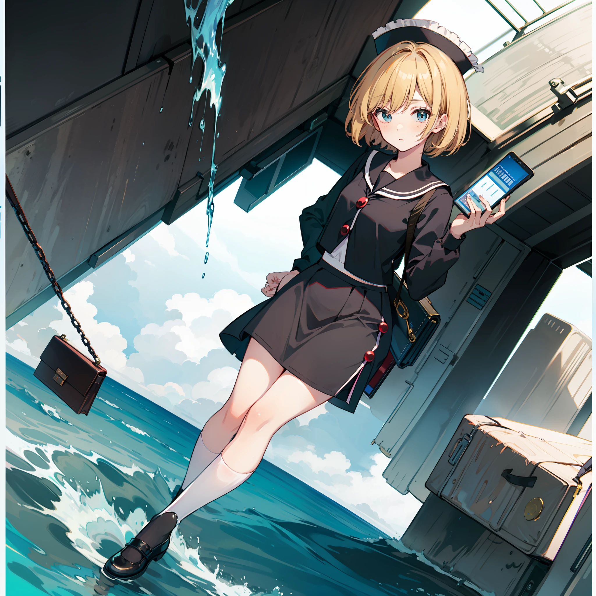 Description of a short-haired young woman holding a briefcase, 1 girl, Solo, Merlin Prism River, School uniform, Just flat, Skirt, shoes, serafuku, White Sailor Uniform, sox, mary janes, School Background, different costume, Long sleeves, Blonde, Full body, Looking at Viewer, Short hair