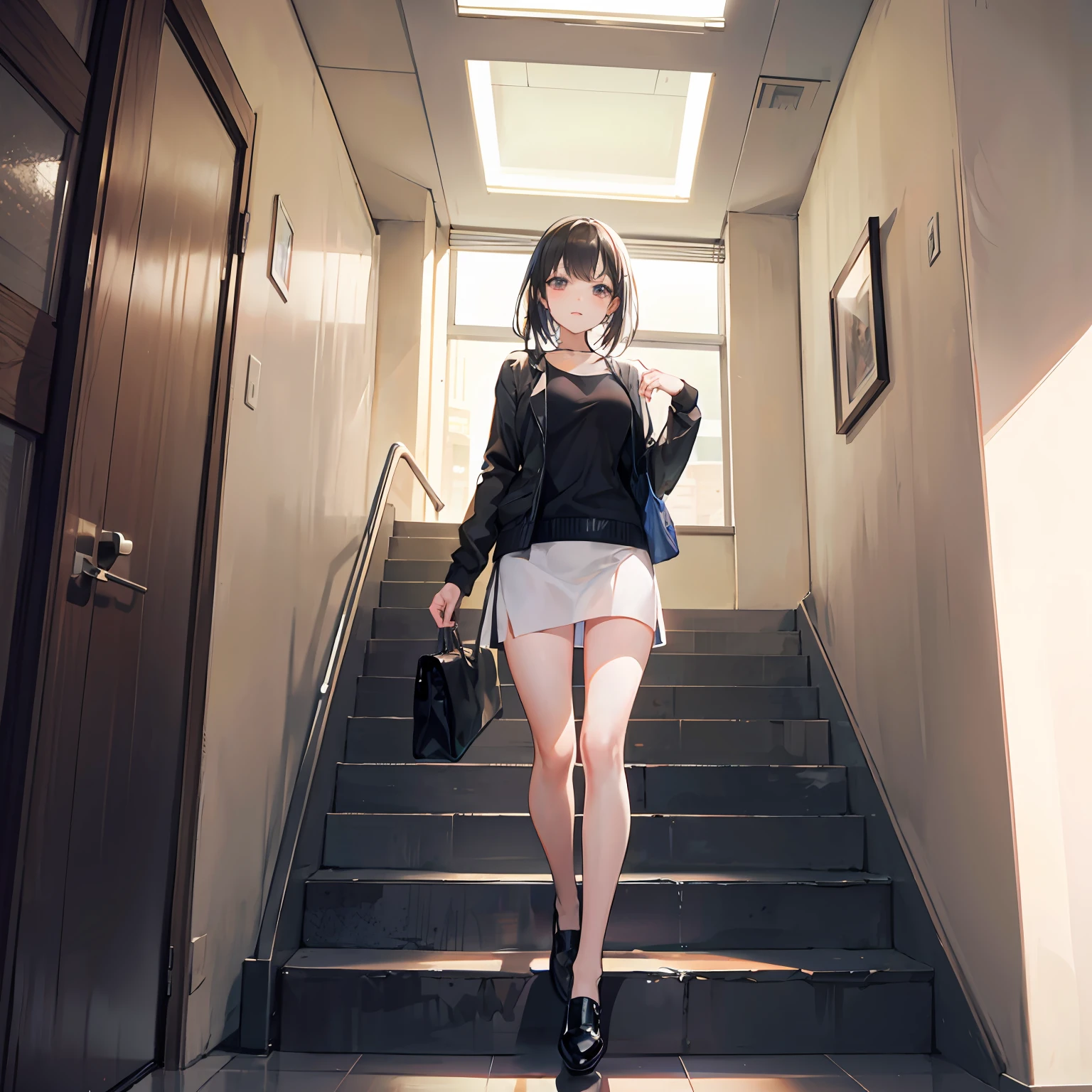 In the stairwell of the office building stood a beautiful woman