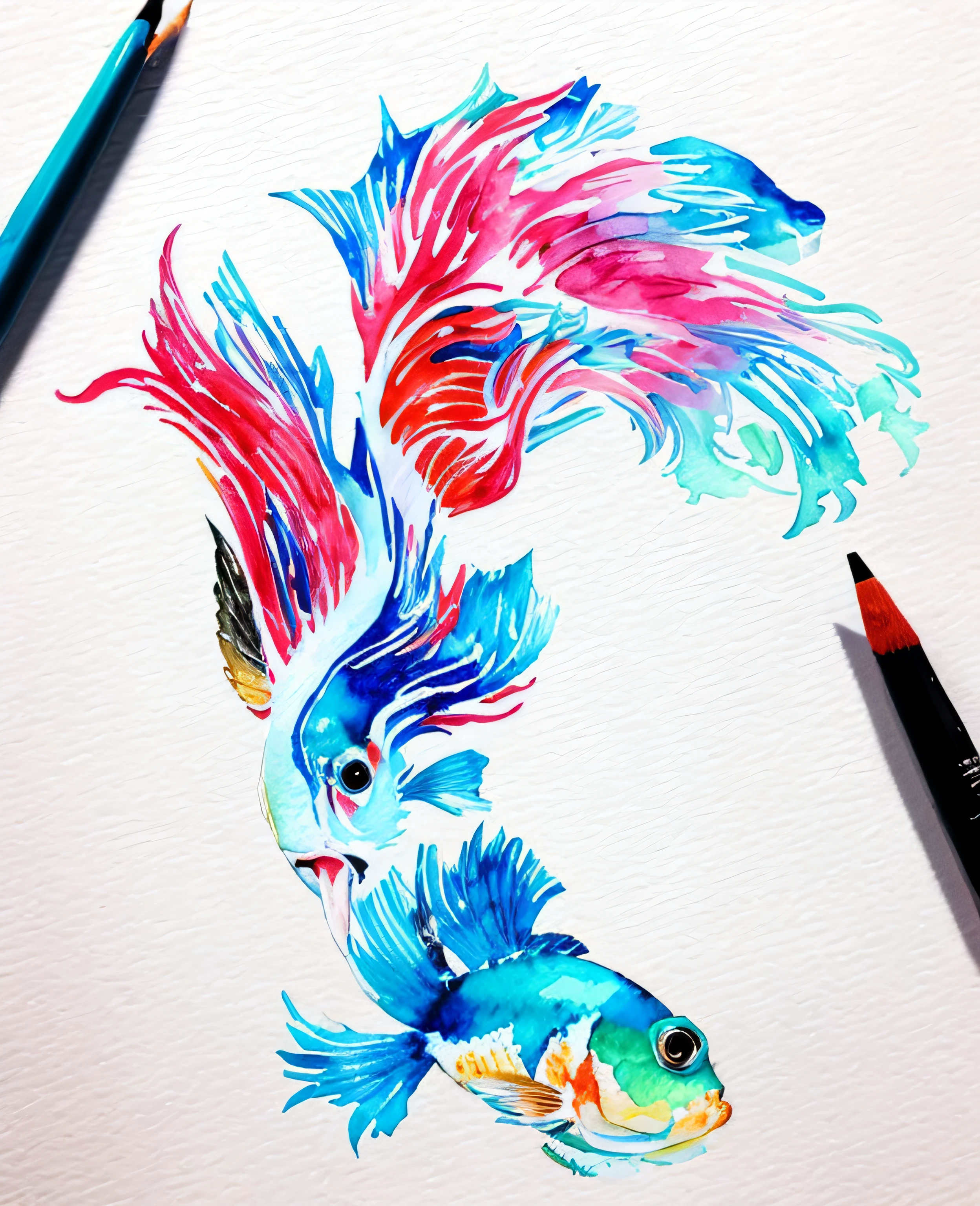 Draw a fish with a red tail and a white background, masterful detailed watercolor, detailed watercolour, detailed watercolour, watercolor detailed art, colored pencil art on paper, intricate ink painting detail, an ultrafine detailed painting, painted with colour on white, Ultra-fine detail spray paint, a betta fish,Brilliant colors,The tail is darkened