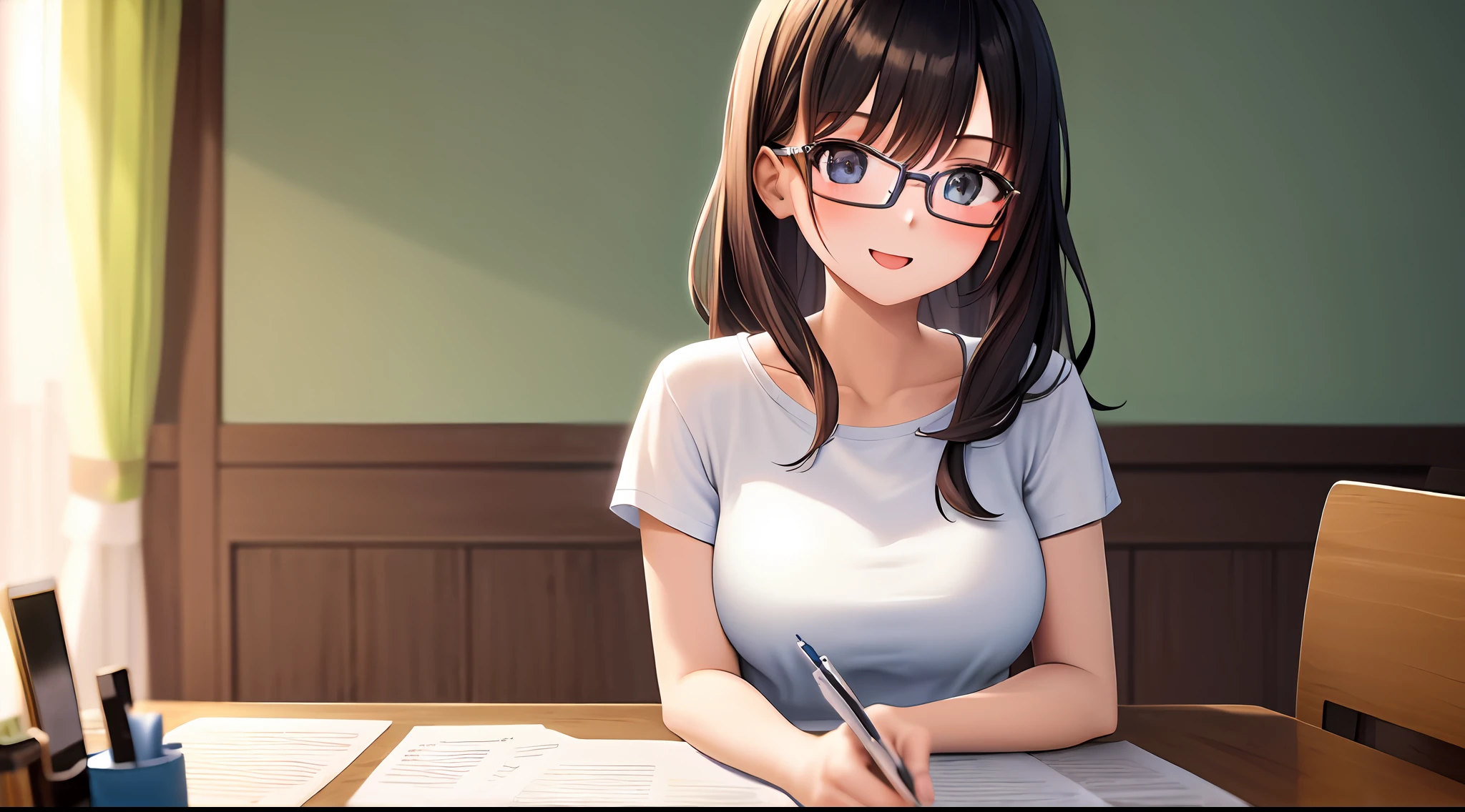 masterpiece, top-quality, hight resolution, a 1 girl, Loose white t-shirt、 Girl sitting on chair studying drafting at desk,、Beautie、Appeal、Frolic happily、30 year-old woman、Have good eyes、Unclear、Beautiful fece、eye glasses