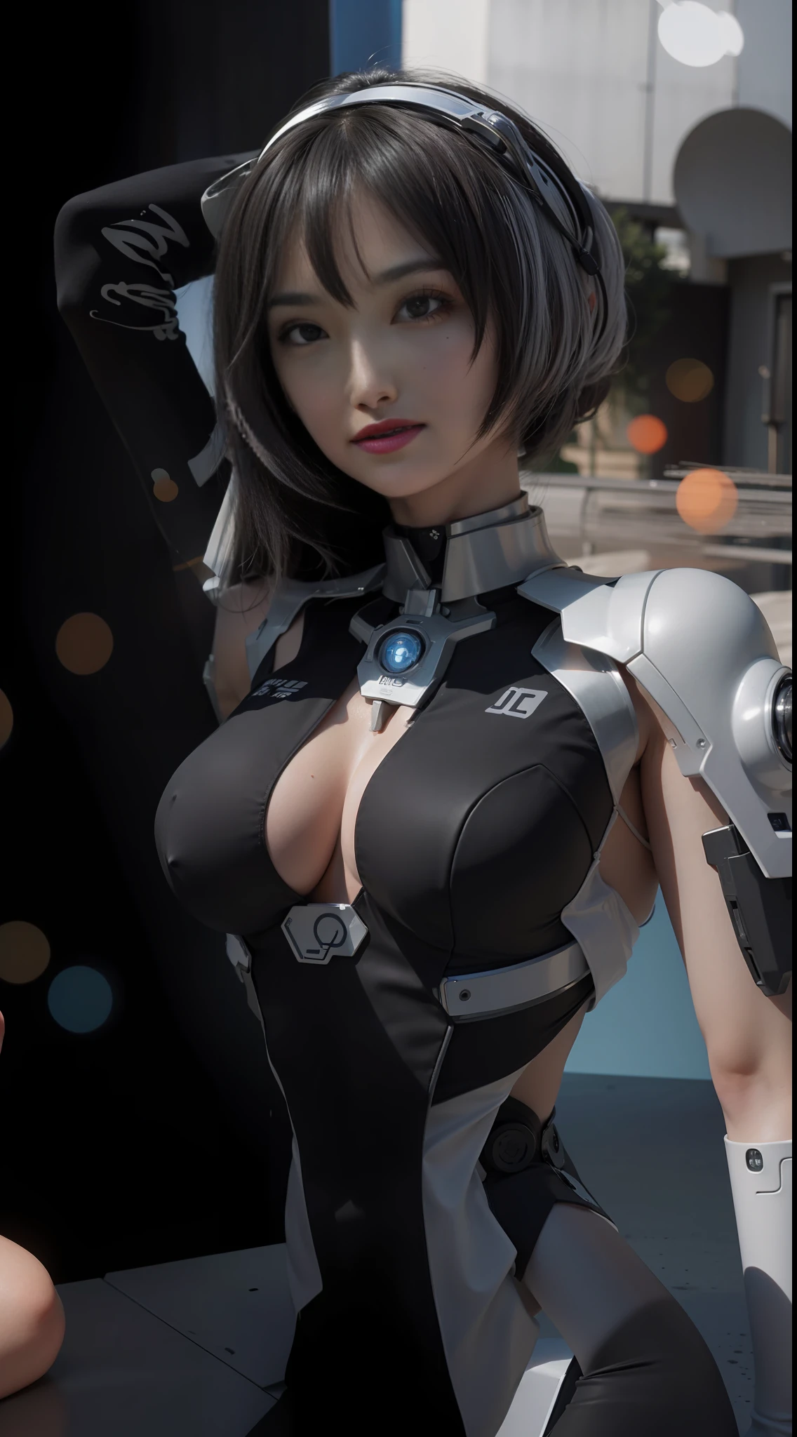 Close up of woman in black suit posing for photo, perfect android girl, Cute cyborg girl, Beautiful girl cyborg, Perfect Anime Cyborg Woman, Cyborg girl, Cyborg - Girl, Beautiful Female Android!, cyborg - girl with silver hair, beutiful white girl cyborg, beautiful android woman, japanese cyborg, perfect cyborg female, Beautiful cyborg girl、1girl in, 独奏, a picture, Portrait of Leia Yanami girl in black suit in sci-fi hangar, Bokeh, realisticlying, absurderes, detaileds,top-quality, ​masterpiece, 1girl in, Beautiful expression, (photographrealistic:1.3), Rim lighting, (High Detail Skins:1.2), 8K UHD, Digital SLR, hightquality, hight resolution, 4K, 8K, bokeh dof, absurderes, best ratio four finger and one thumb, (realisitic:1.3), a small face, pretty 1girl、Colossal tits、large full breasts、