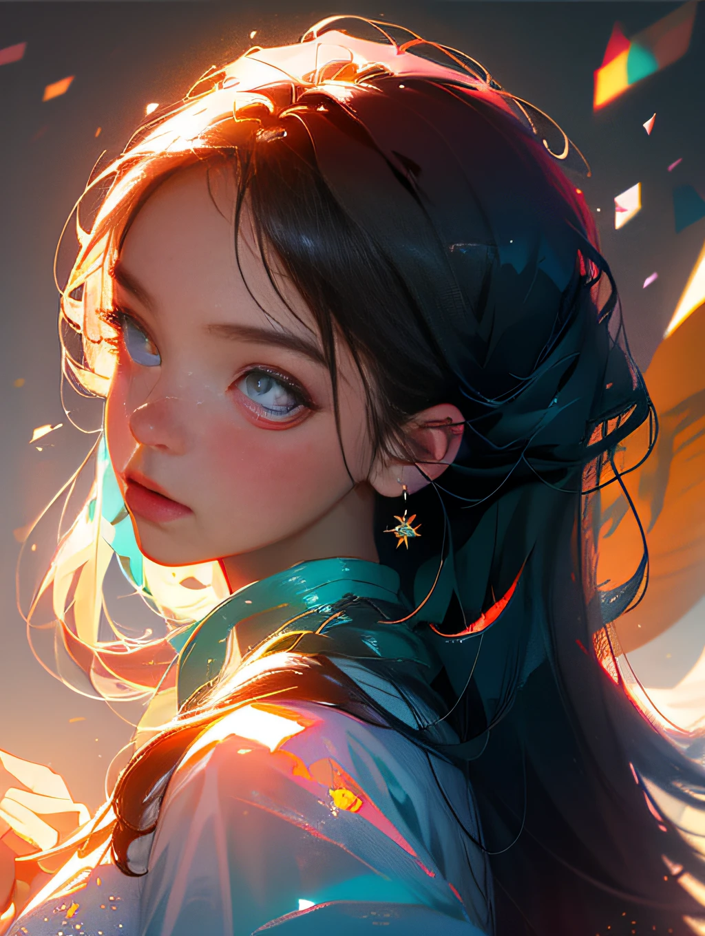 (best quality, masterpiece:1.3), 1girl, pose, particle, upper body, simple background, looking at viewer, focus on face, beautiful eyes,