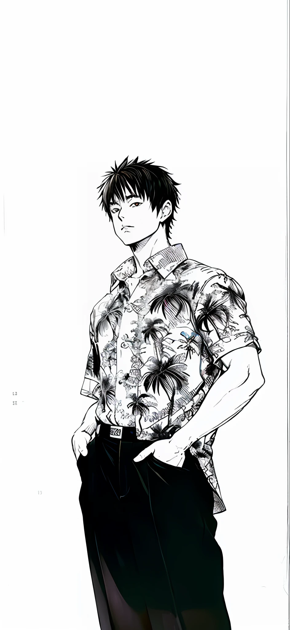 One in a shirt、Painting of a man with pants and tie, kentaro miura manga style, manga style of kentaro miura, kentaro miura manga art style, miura kentaro style, with hawaiian shirt, miura kentaro style, style of kentaro miura, kentaro miura art style, style of kentaro miura!!!!