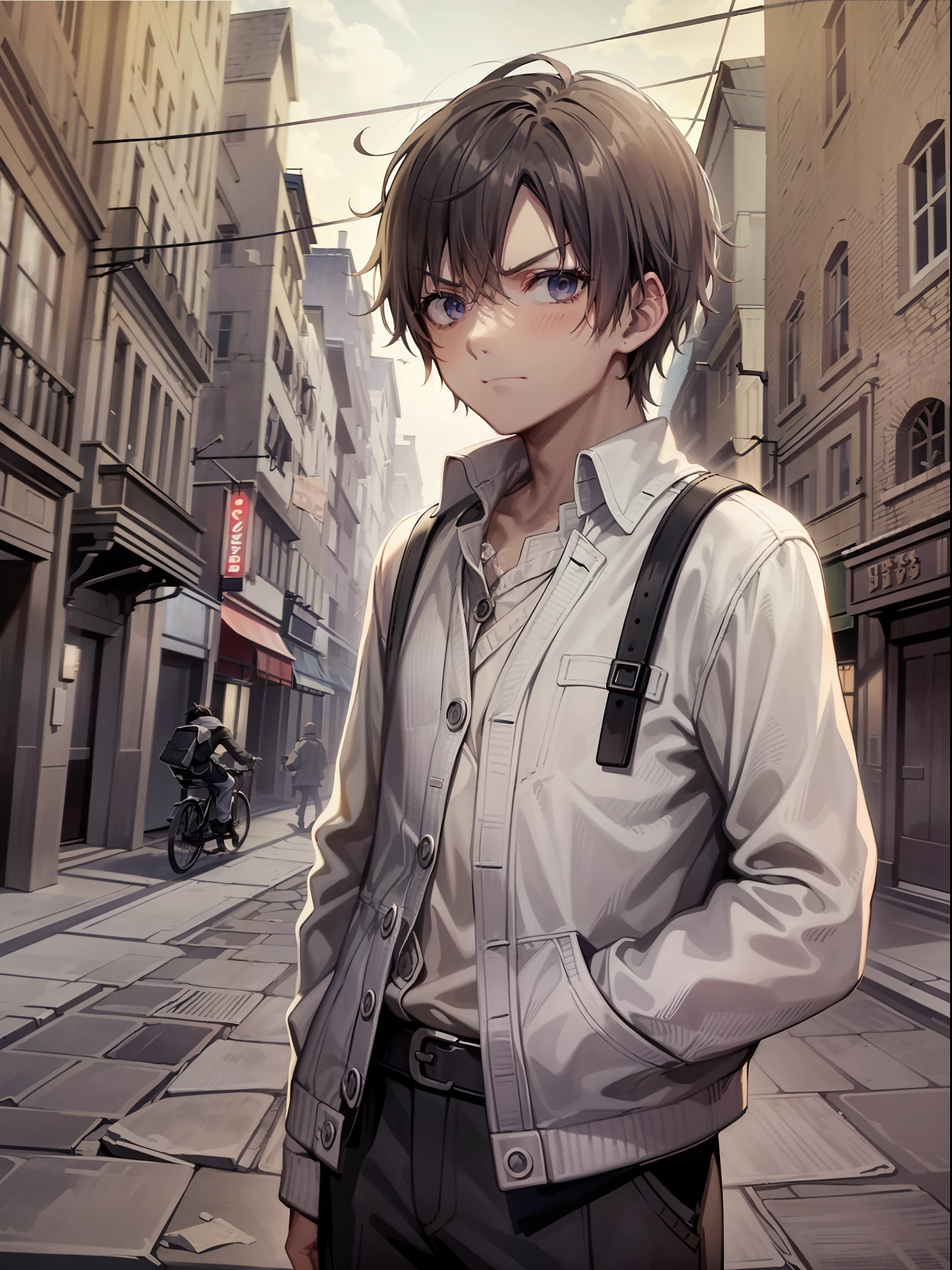 1boy ,He is dressed appropriately。ses cheveux sont blancs。His mocking expression was palpable。He had an angry expression,The expression is full of malice and disgust。He pointed angrily ahead,Connect him to the surrounding city and abandoned environment。The scenery is dark,Crumbling buildings and shadows evoke a mysterious and dark atmosphere。