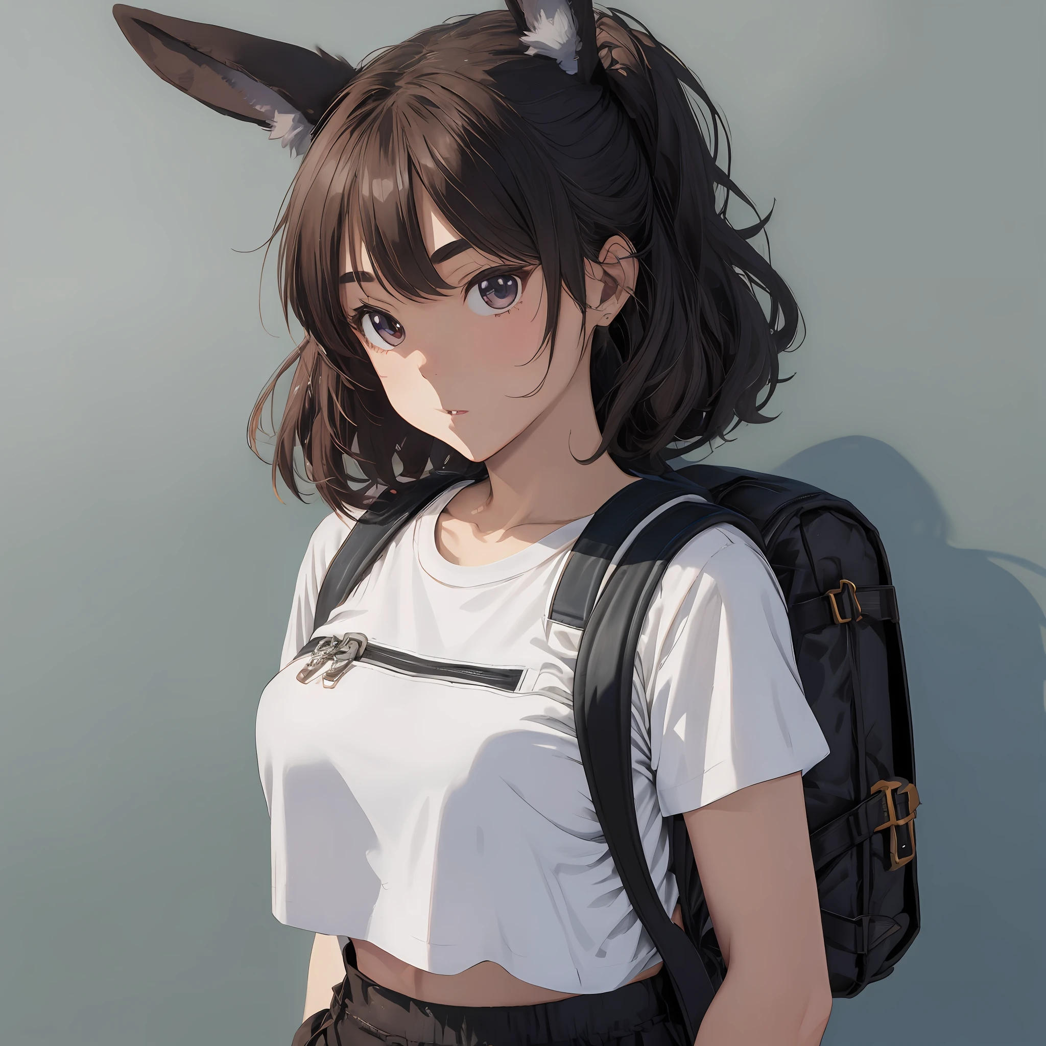 Cropped T-shirt、Cargo pants、Leather backpack、Thick eyebrows、(Huge backpack:1.5)、(darkskin:1.3)、Brown skin、small tits、flats、电影灯光、small tits、Rabbit ears、(masterpiece)、((top-quality))、(ultra-detailliert)、shinny skin、Full Body Anime Girl、Clean and detailed anime face、High Resolution Anime Eyes、Five Fingers、textile shading、The perfect human structure、