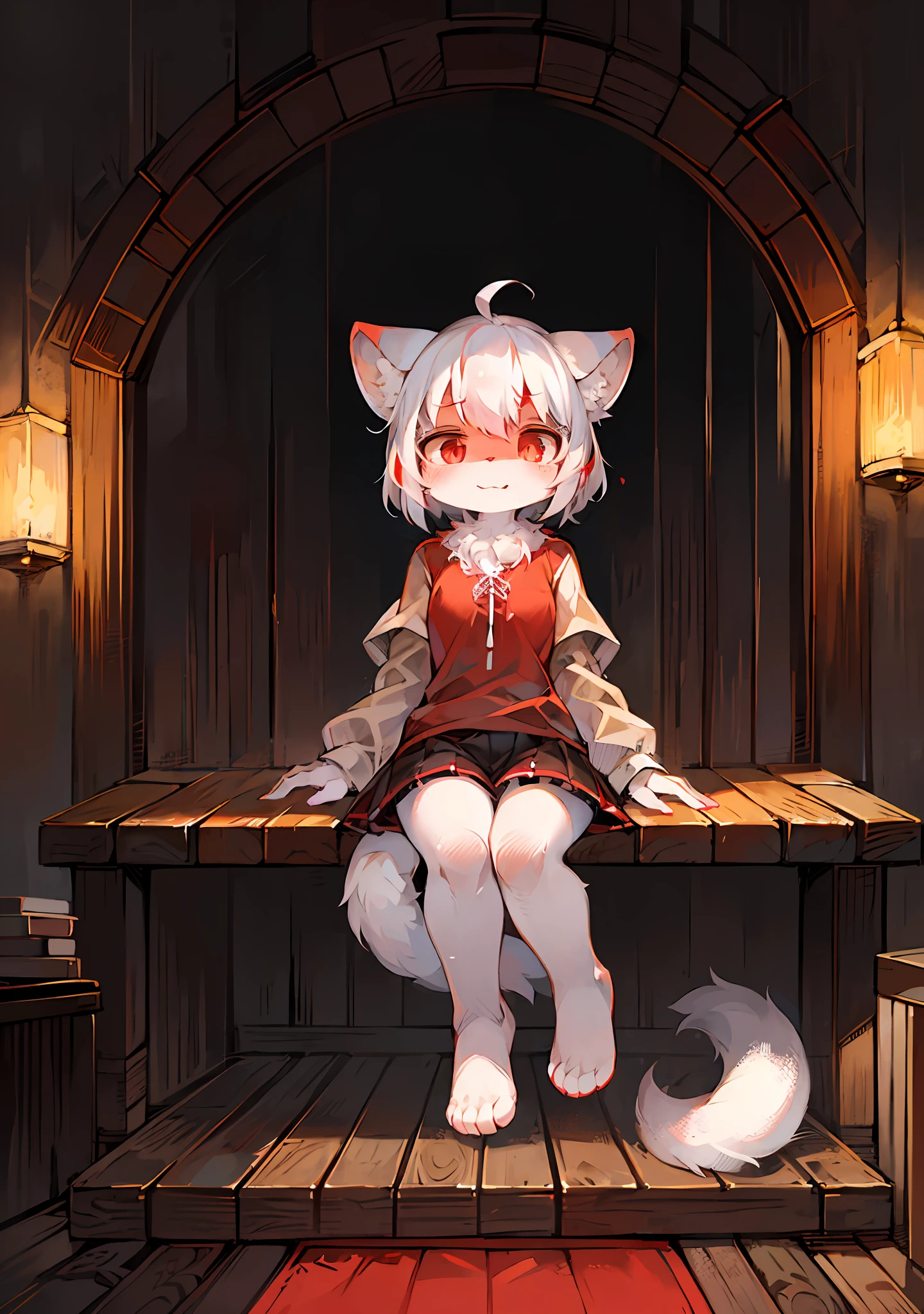 (ambiente dark:0.8),Masterpiece,High quality,abstract res,Digital painting\(artwork of a\), by Dagasi, Yupa,Kiyosan,(anthro,Fluffy fur,Character focus:1.1),anthro male cat,Short hair,Portrait , eyes with brightness, in a panoramic view, Character focus.(detailedbackground:0.7), 独奏, shaggy, Furry female, female focus, anthr,(Full Body Furry, Fluffy tail, White fur, red color eyes, White color hair:1.2), Long-eared canids，NOWAI，The figure sits on a wooden box，Feet up