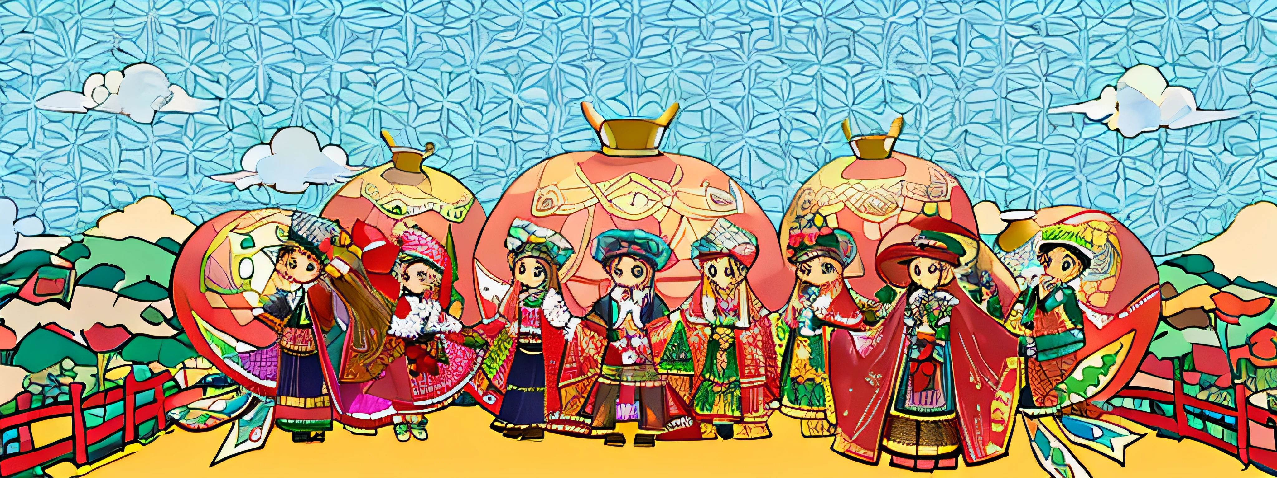 There are many people wearing various costumes,Holding hands in a row in front of the pomegranate, folkloric illustration