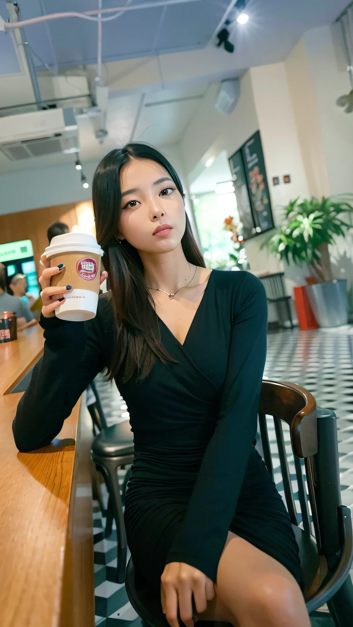 sits at a table，Woman holding a cup of coffee in her hand, Gorgeous young Korean woman, korean women's fashion model, beautiful Korean women, Korean girl, Beautiful young Korean woman, mysterious coffee shop girl, Korean woman, woman drinking coffee, Gorgeous lady, A young Asian woman, wearing a black bodysuit, wearing a tight black dress, wearing black clothes