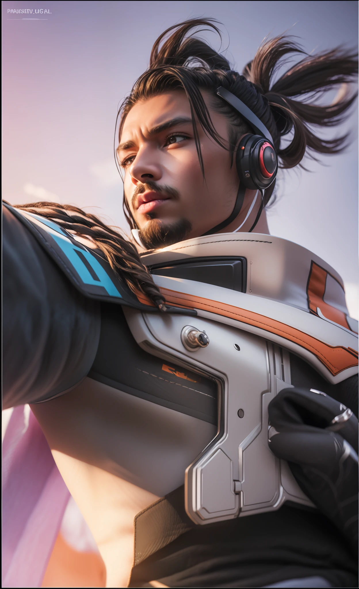 ((Best Quality, 4K, Masterpiece)), a close up of a person with a helmet on holding a gun, male lucio, lucio as a man, portrait of rung, echo from overwatch, baptiste from overwatch, sojourn from overwatch, sigma male, zenra taliyah, pharah, future miramar, Dreadlocks hairstyle, Dreadlocks, Dread, curly hair, curly, ponytails, braid hair, braid, african man, 4K, HD, Ultra Realistic, extremely detailed