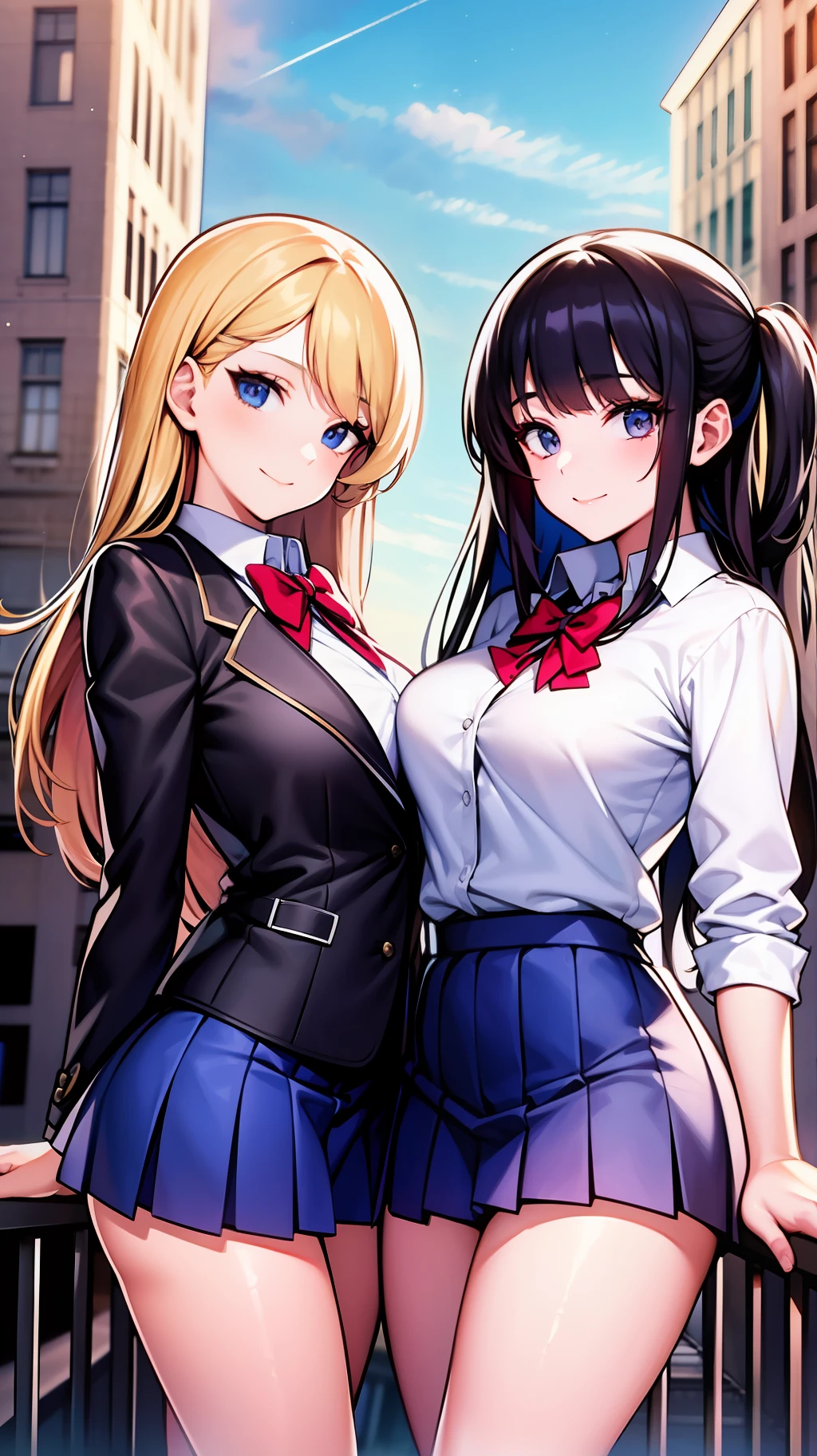 two anime girls in school uniforms posing next one another on a balcony, multiple girls, skirt, 2girls, bow, school uniform, thighs, smile, breasts, blonde hair, long hair, socks, looking at viewer, jacket, bowtie, pleated skirt, outdoors, purple eyes, blue eyes, collared shirt, sky, shirt, bangs, closed mouth, white shirt, black hair, blazer, day, kneehighs, long sleeves, blue sky, red bow