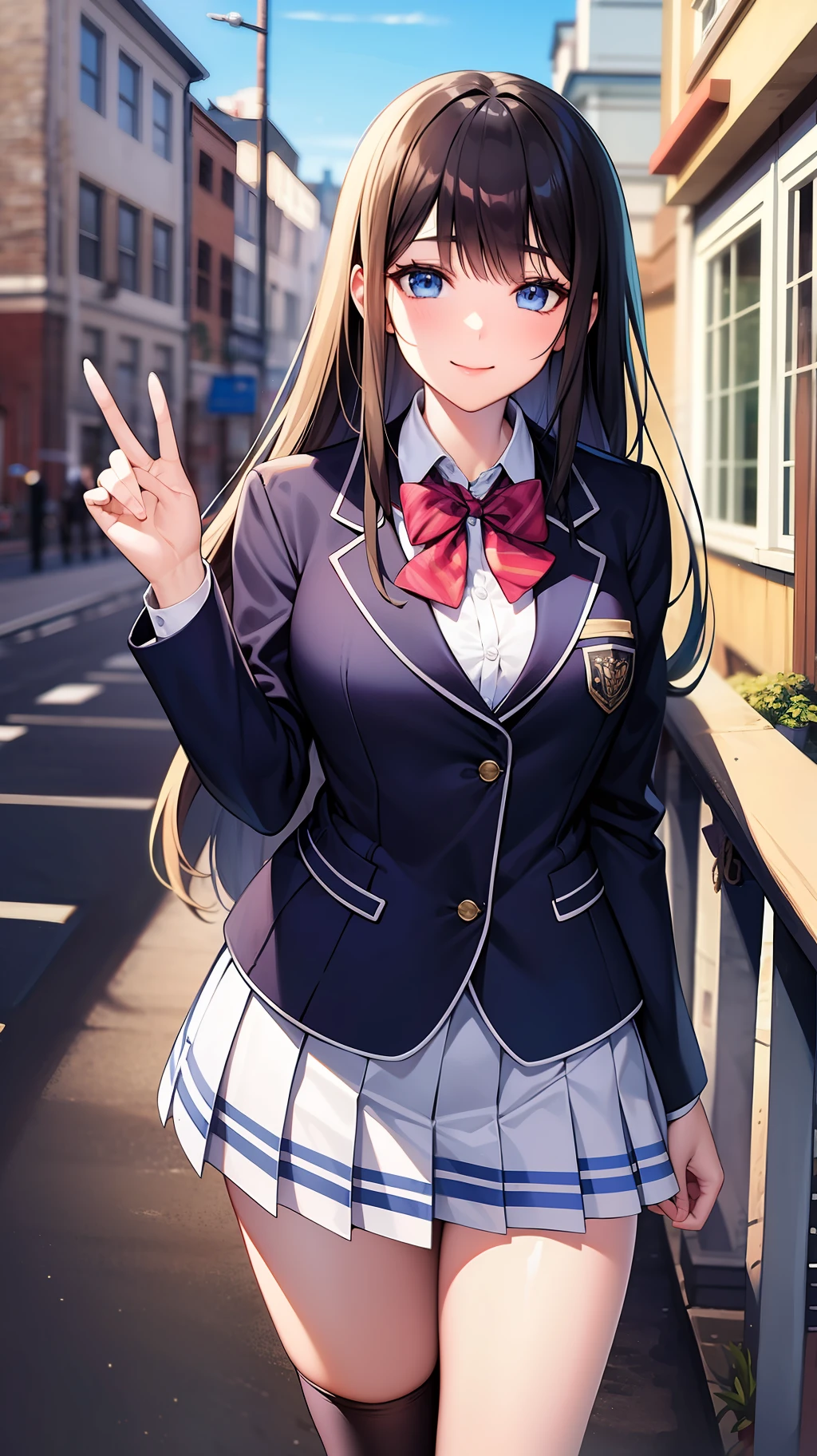 two anime girls in school uniforms posing next one another on a balcony, multiple girls, skirt, 2girls, bow, school uniform, thighs, smile, breasts, blonde hair, long hair, socks, looking at viewer, jacket, bowtie, pleated skirt, outdoors, purple eyes, blue eyes, collared shirt, sky, shirt, bangs, closed mouth, white shirt, black hair, blazer, day, kneehighs, long sleeves, blue sky, red bow