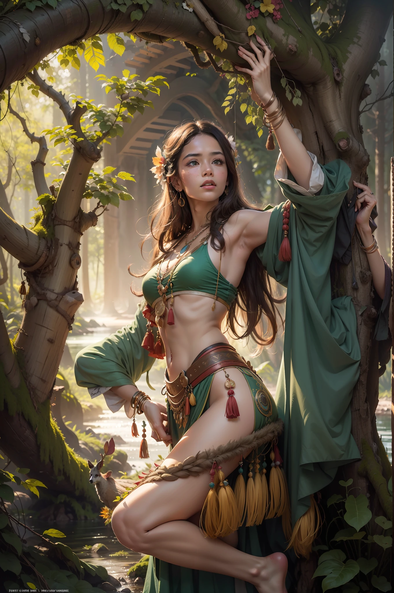 （digitial painting），（best qualtiy），Close-up of a beautiful woman，（（（The bow and arrow are pulled in the hand,））），Primitive tribesmen dressed up，There is only a grass skirt on the body，Deerskin chest，No other clothing，Barefoot，In tropical primeval forests，Green moss，Small rivers，grape trees，Huge trees，Cover the sky，Fallen trees，8K hyper-realism，Strong color scheme，gentle illumination, prime time, Enigmatic Atmosphere,