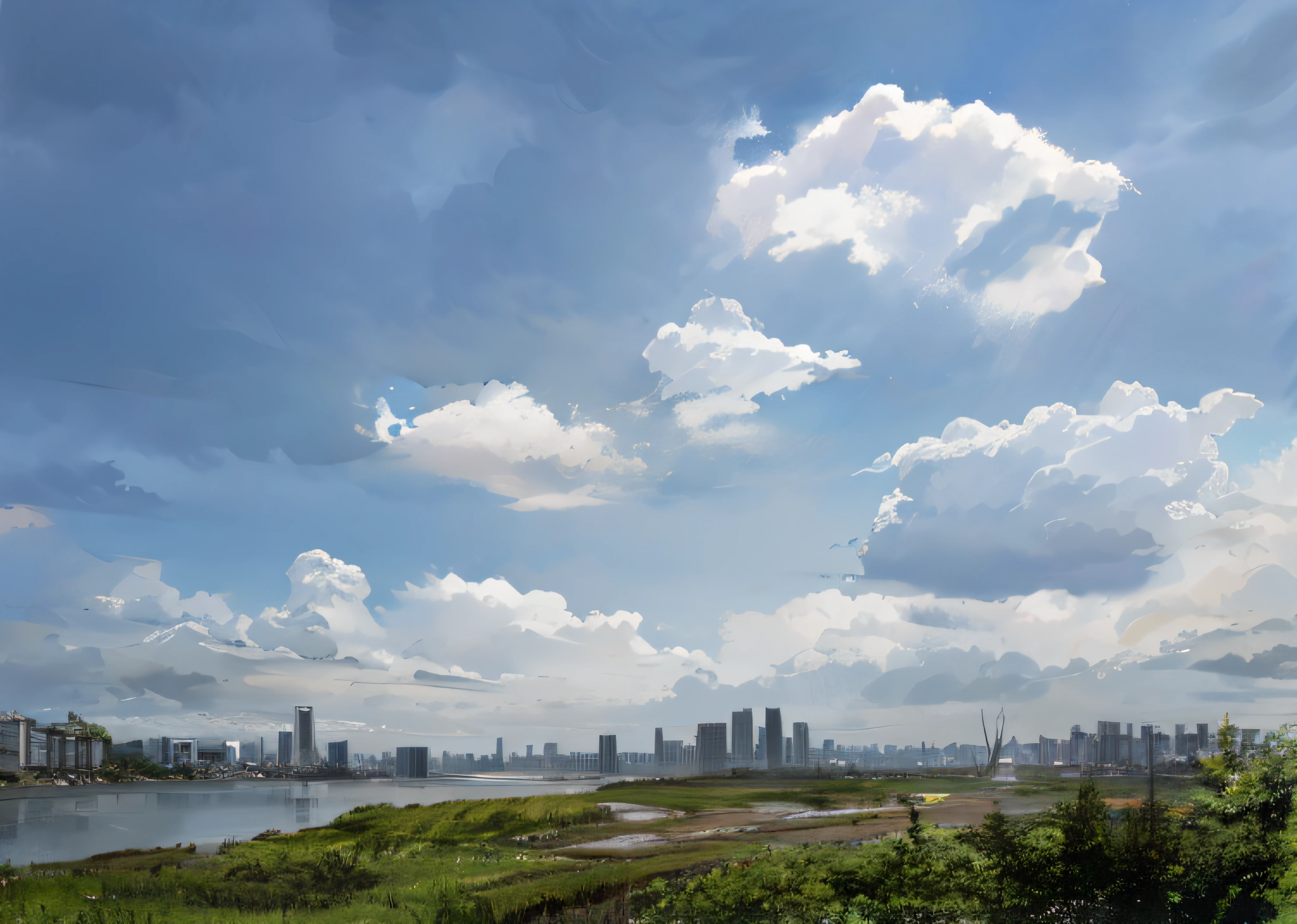, cloudy weather, visible sky and humid atmosphere, clouds and corrupted city behind, overcast day, partly cloudy day, with dark clouds in the sky, Big clouds visible, large clouds visible, dark overcast weather, with ominous storm clouds, Under a stormy sky, overcast day, nice slight overcast weather，rays of sunshine，river water，Bustling city，sandbeach，Dense woods