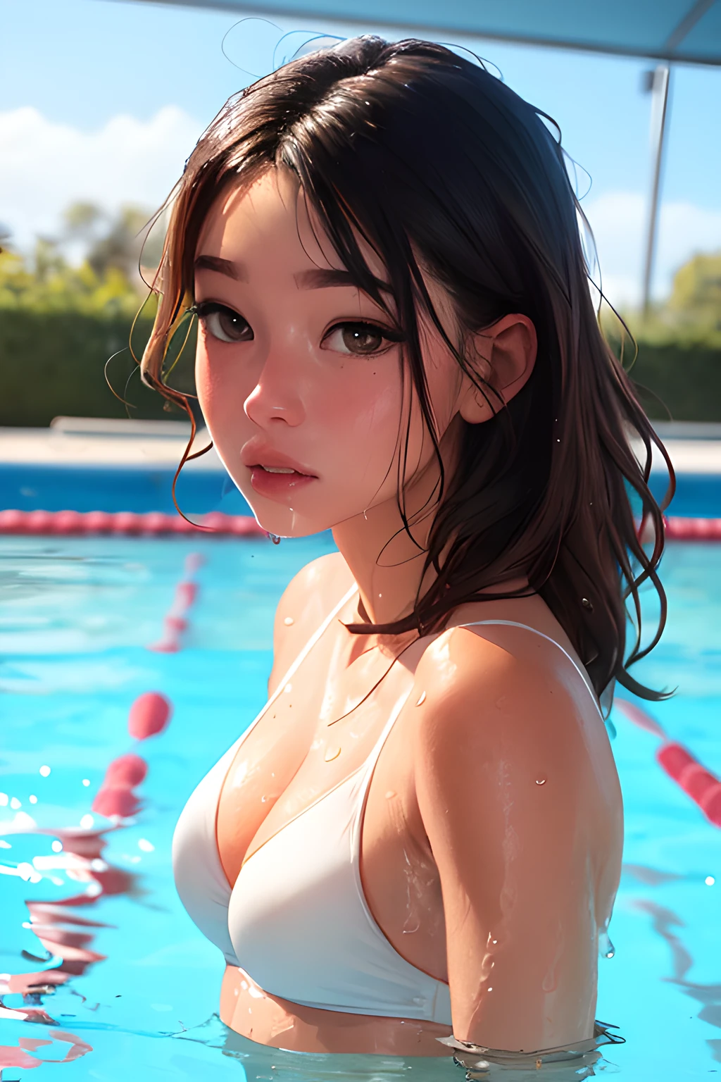 beautiful, lighting, masterpiece, best quality, 1girl, solo, sam yang, swimmer, bikini, stylish bikini, small breast, cleavage, tan line, portrait shot, looking at viewer, detailed face, detailed eyes, detailed hair, partially submerged, outdoor pool, wet skin, wet hair, high quality water, HD, 4k, ultra setting