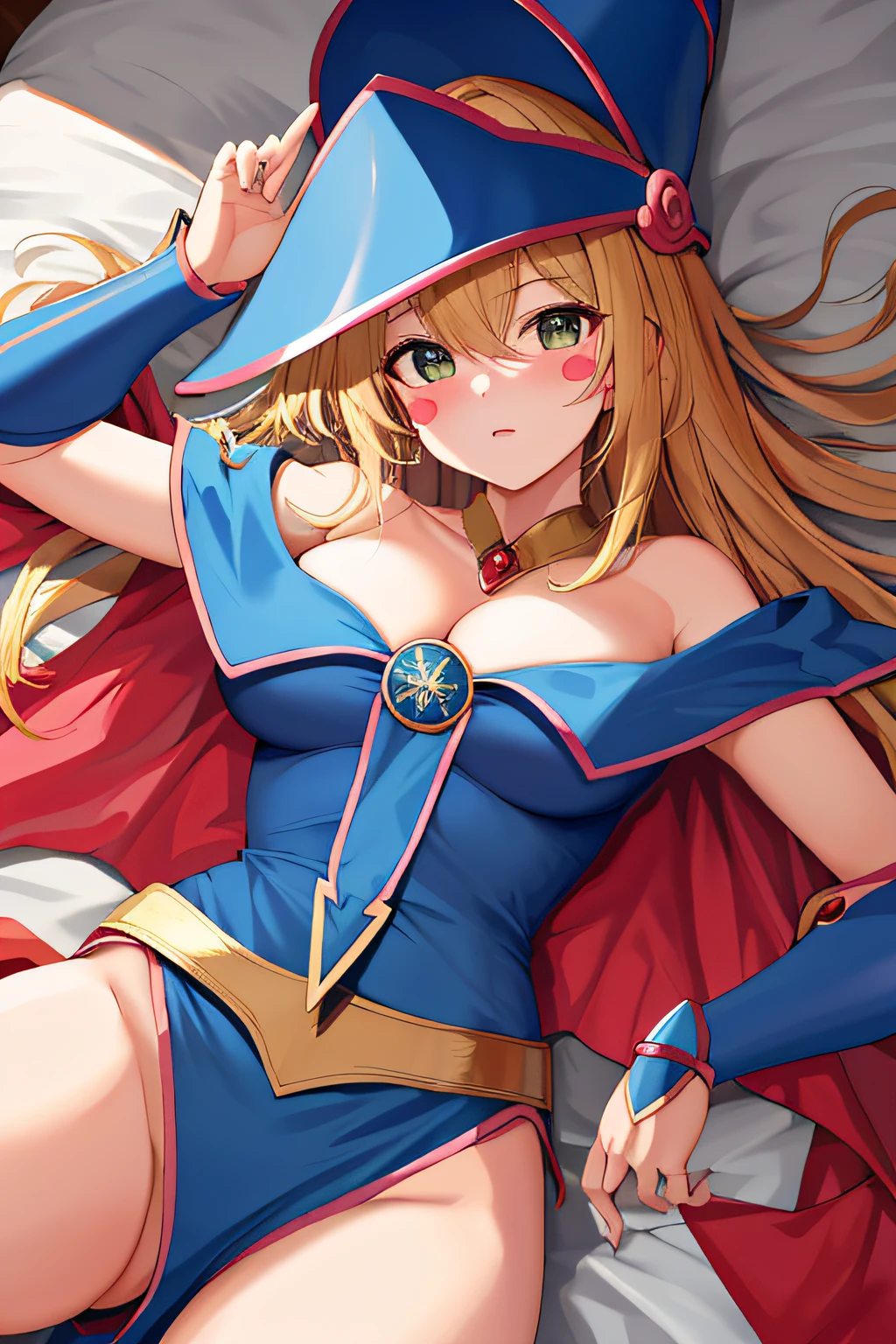 masterpiece, top-quality, hight resolution, HMDMG1, Wizard Hat, red blush, blush stickers, cleavage of the breast, bare shoulders, doress, off shoulders, Underwear is visible