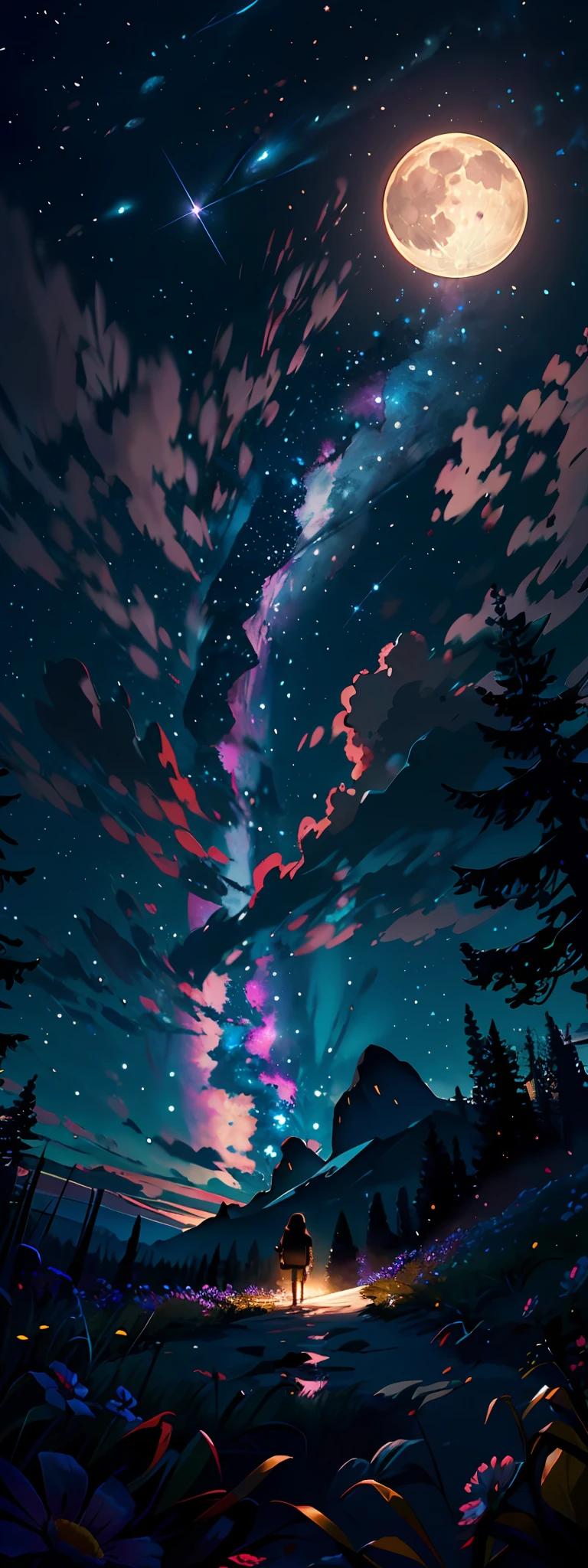 Expansive landscape photograph, (view from below with a view of the sky and the wilderness below), little girl standing in a flower field looking up, (full moon: 1.2), (shooting star: 0.9), (nebula: 1.3), distant mountain, tree break production art, (warm light source: 1.2), (firefly: 1.2), lamp, purple and orange, intricate detail, volume lighting BREAK (masterpiece: 1.2), (highest quality ), 4k, ultra-detailed, (dynamic configuration: 1.4), highly detailed and colorful details (iridescent: 1.2), (sparkling lighting, atmospheric lighting), dreamy, magical, (solo: 1.2)