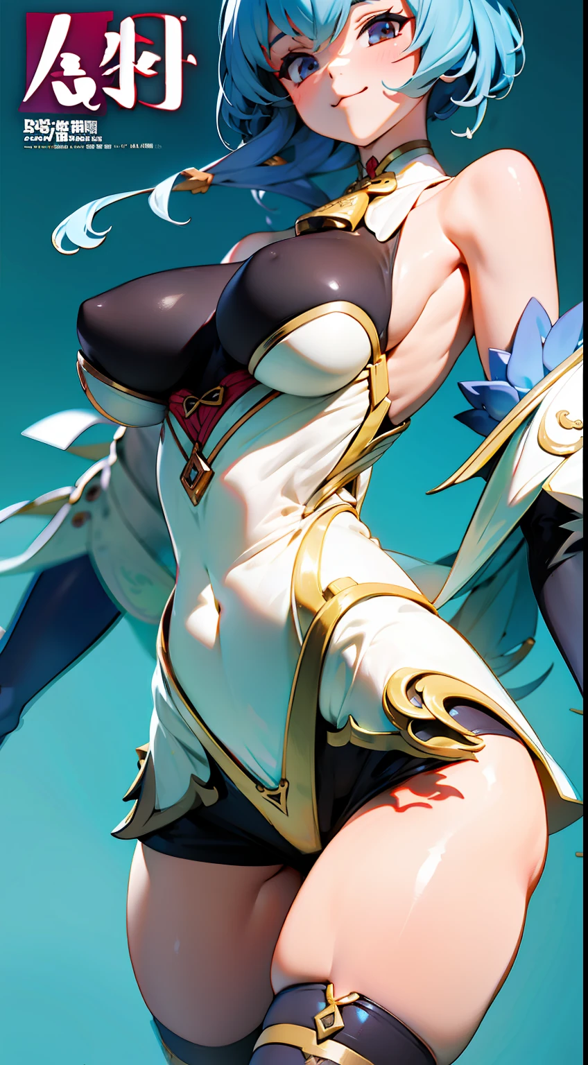 Ganyu,busty figure,take up close,having fun,cropped shoulders,White shawl one-piece stockings,Exposing the abdomen,Fleshy thighs,The base of the thighs is soft,Ocean park,Comic cover style,Comic title,tmasterpiece, High- sharpness, high high quality, 详细的脸, detailed body render