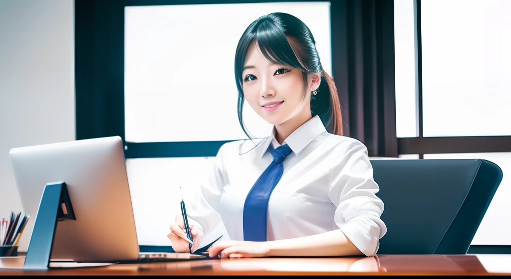 masterpiece, real-photo, 1 woman, kawaii, Japanese woman, business office, portrait, desk, 8k, she is very satisfied with her business became efficiently --auto