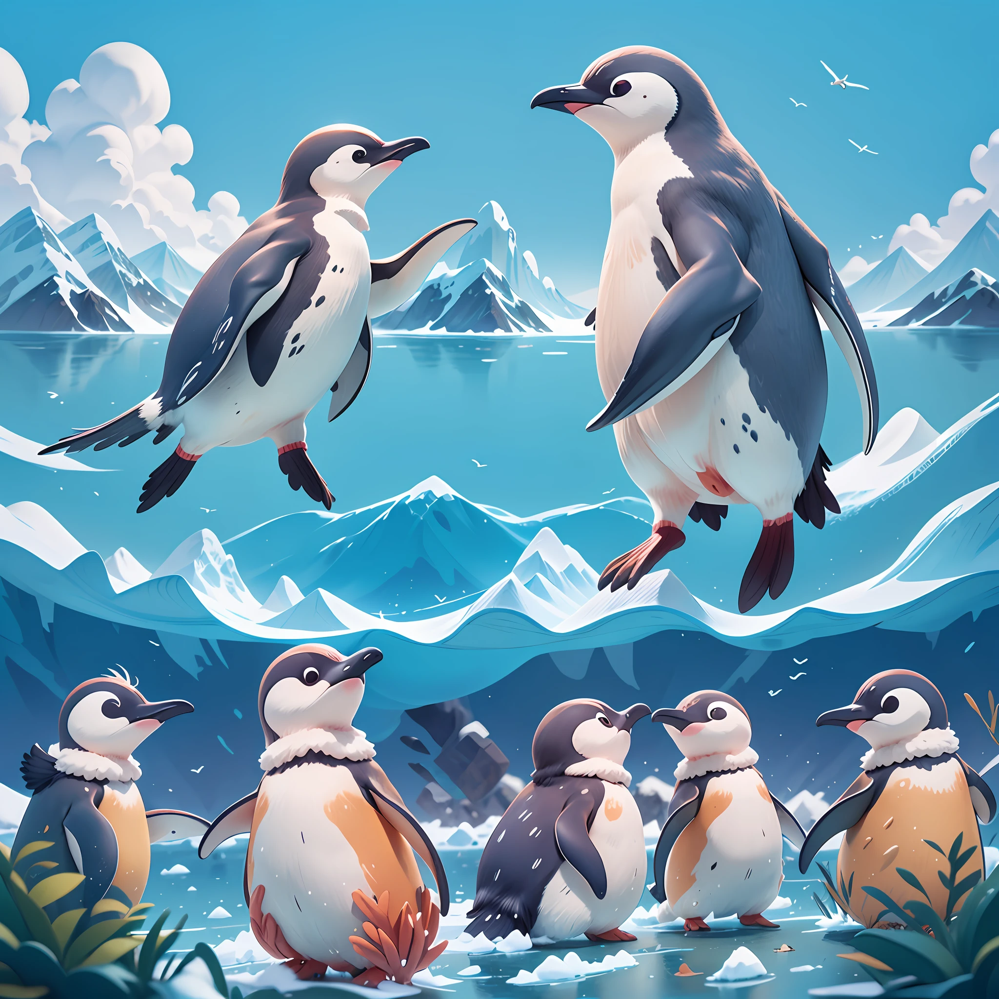 (epic, dynamic angle)top quality, best quality, High-quality illustrations by Christian Lassen masterpiece, Antarctic penguins, March happily, On a vivid sea background, Cheerful and cheerful atmosphere, Adorable look,Brilliant movement, Energetic birds, Happy moments, Illustrations like picture books, Wide color palette, Bright sunshine, Clear blue sky,