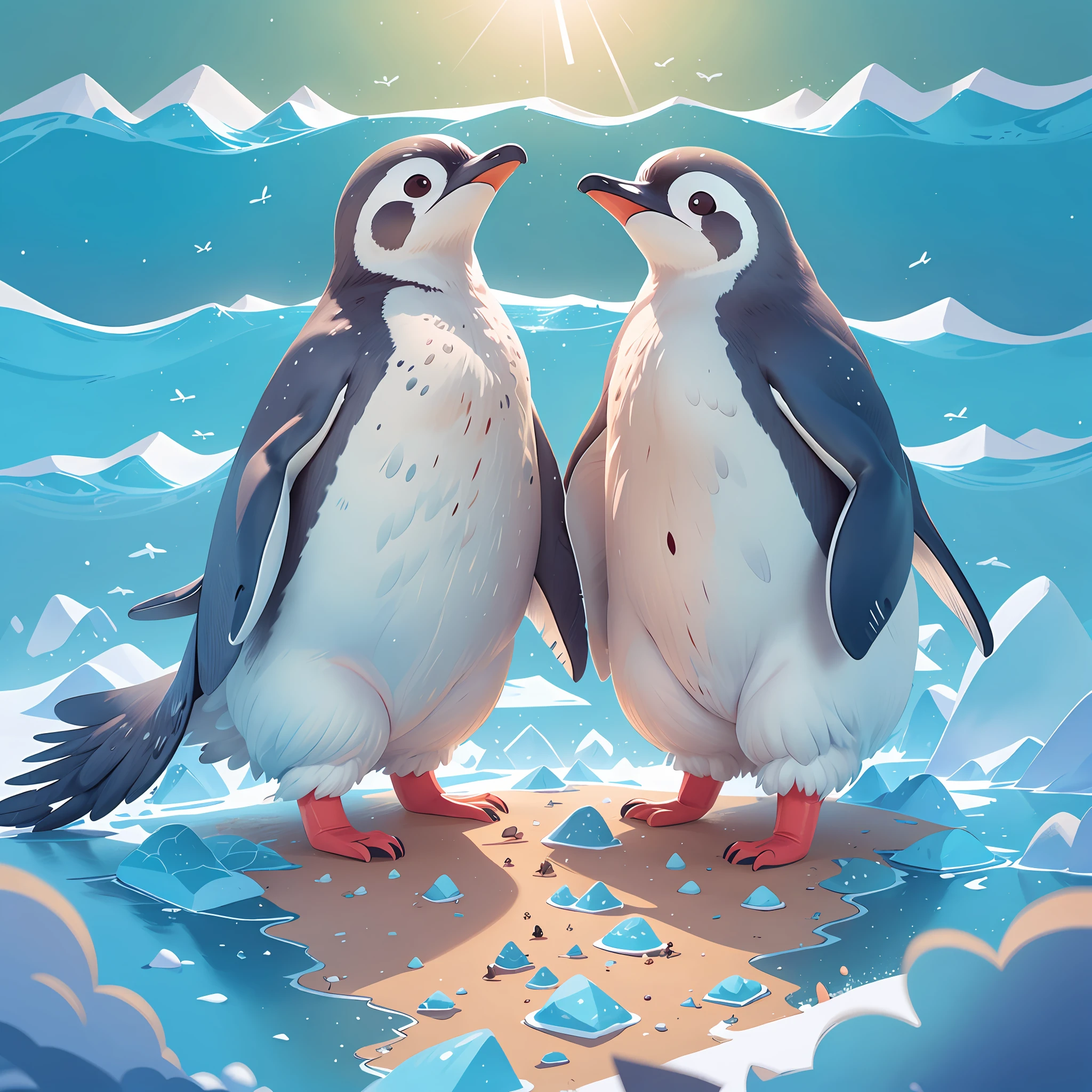 (epic, dynamic angle)top quality, best quality, High-quality illustrations by Christian Lassen masterpiece, Antarctic penguins, March happily, On a vivid sea background, Cheerful and cheerful atmosphere, Adorable look,Brilliant movement, Energetic birds, Happy moments, Illustrations like picture books, Wide color palette, Bright sunshine, Clear blue sky,