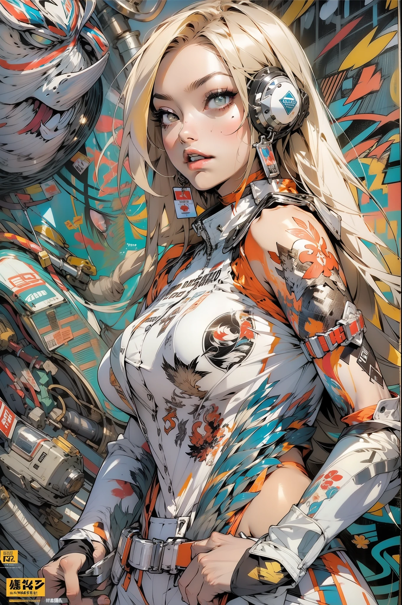 background, mixed-language_text, Japanese letters in graffit, girls, long blonde hair, excellent lighting, sidelighting, perfect ultimate (flat color: 1.3), (magazine_cover: 1.4), (multicolored_background: 1.3), striped_background, card_background, :: comix style by joe madureira :: circular pieces of white metals glued to the ultra detailed arms coming out sparkling shine, perfect and detailed, ultra detailed shirt with abstract design and with Japanese letter print in graffit of the sides of clothing, image of girls with big breast, on top of a futuristic motorcycle, with immersive effects, hover effect, background graffiti style tribal tattoo with flowers and vibrant colors, "ultra HDR" detailed and with focus effect, (masterpiece: 1.2, best quality), (beautiful eyes with huge eyelashes finely detailed: 1.2), , ((Solo)), (Finely detailed eyes and detailed face: 1.3), in various full-body attack poses, (cute background: 1.2),futuristic costume, super detailed circular metals Clinging to the arms and pants, fantastic paintings