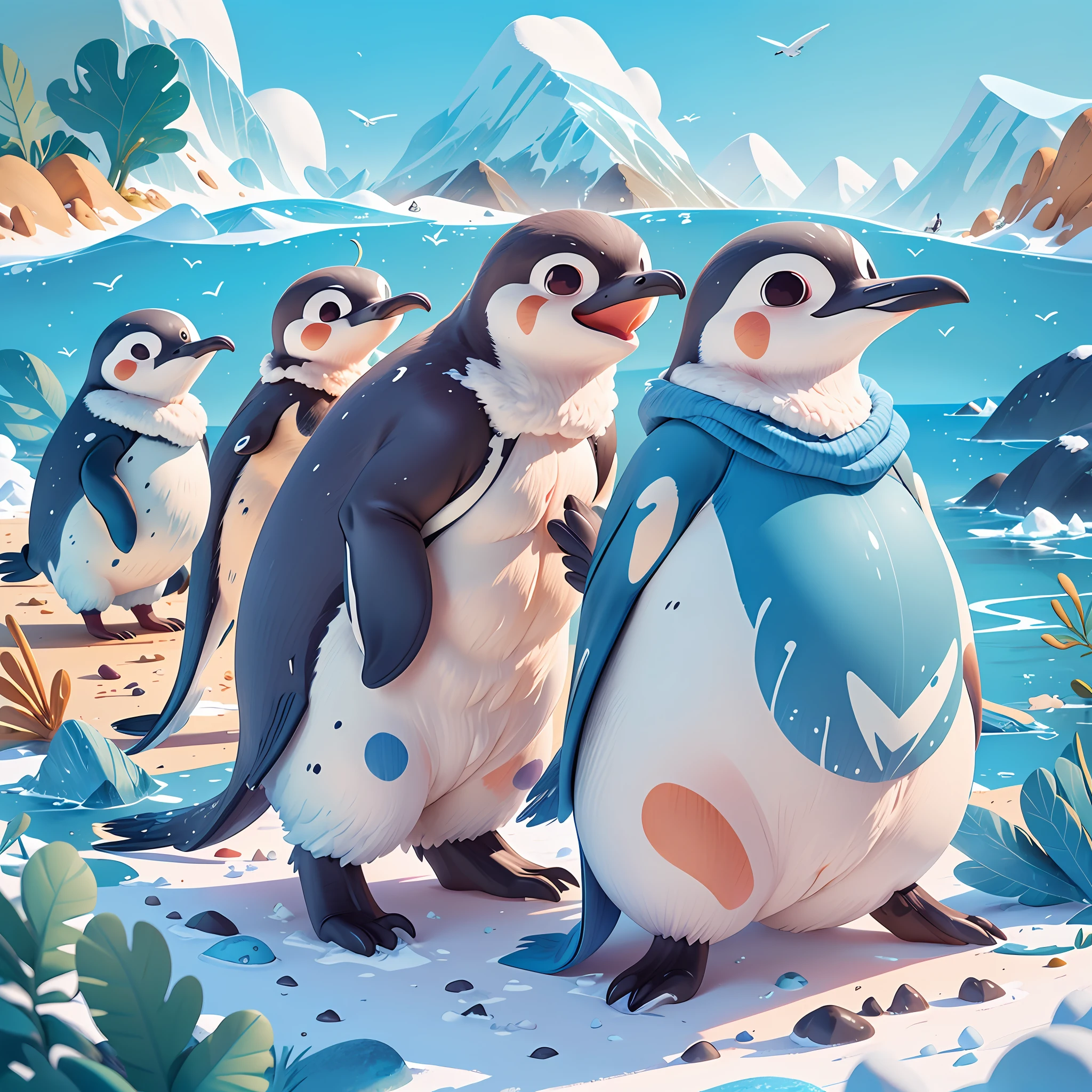 (epic, dynamic angle)top quality, best quality, High-quality illustrations by Christian Lassen masterpiece, Antarctic penguins, March happily, On a vivid sea background, Cheerful and cheerful atmosphere, Adorable look,Brilliant movement, Energetic birds, Happy moments, Illustrations like picture books, Wide color palette, Bright sunshine, Clear blue sky,