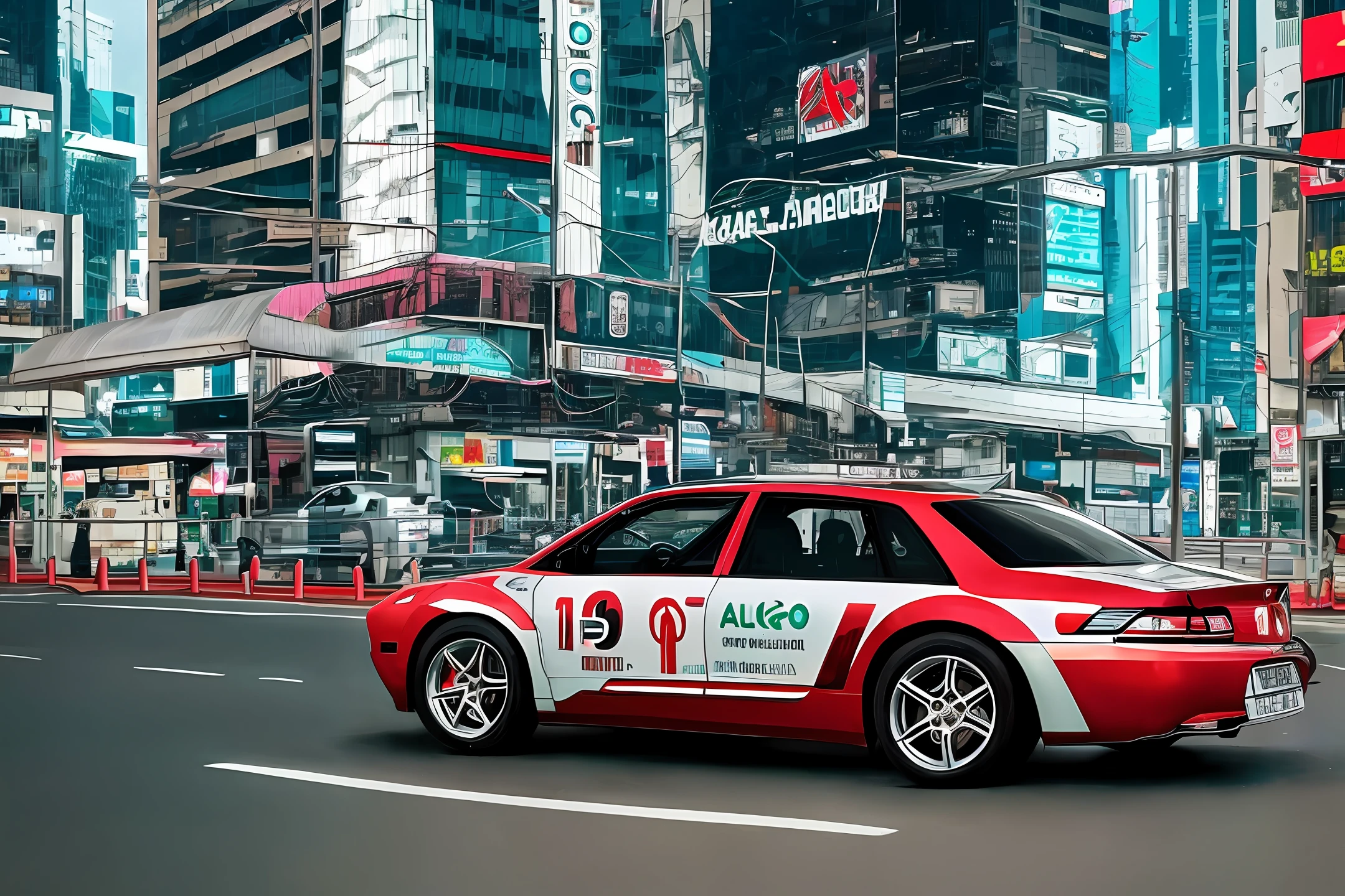 Carro voador cyberpunk com a placa escrita "DUCAR.AI"