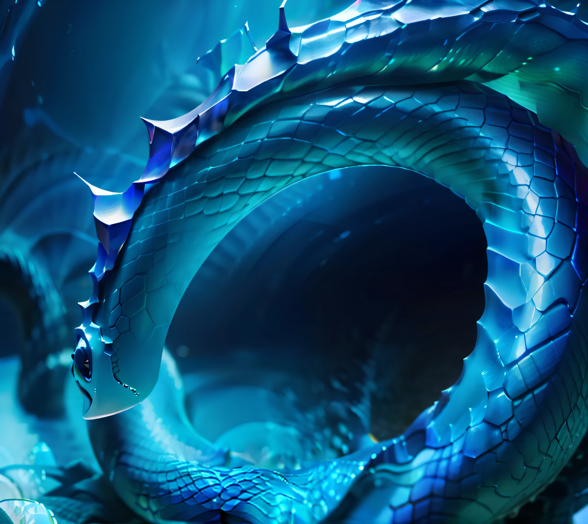 Ethereal sea serpent, Close up. macro. Ultra photo realsisim, stylized as a 3d render, ultra realistic 3d illustration, depicted as a 3 d render, Hyper-realistic illustration, blue realistic 3 d render, hyperreal rendering, photorealistic illustration, rendered in keyshot, The snake head raises its front