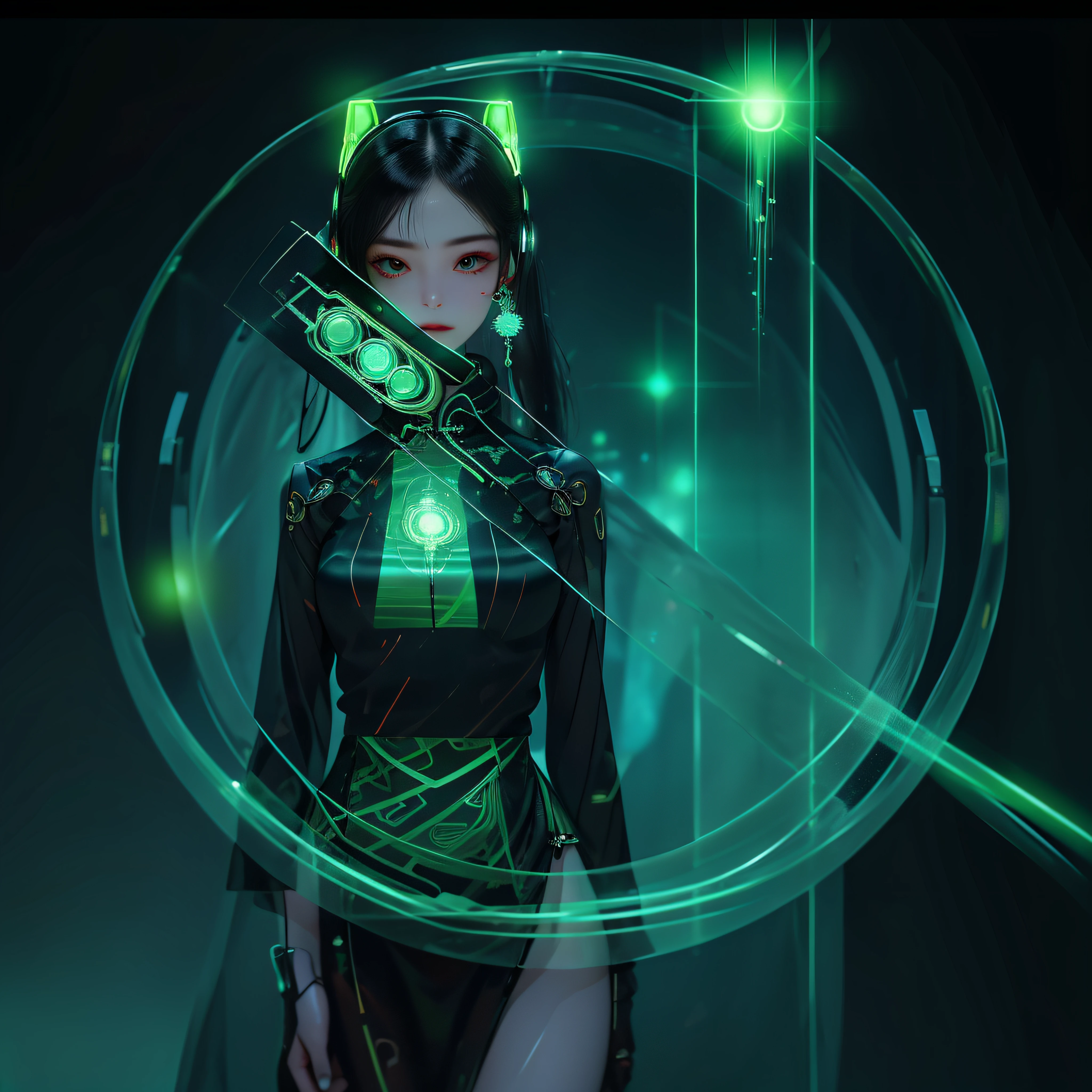 1 rapariga, Chinese_clothes, Liquid green titanium and black, Cyberhanfu, on cheongsam, Cyberpunk-city, dynamicposes, Details illuminated headphones, luminous hair ornaments, long whitr hair, Luminous earrings,Glowing necklace,cyber punk perssonage, a high-tech city, full of machinery and futuristic element, afofuturism, technologies,luminous neon lights,green color,Green light,Translucent black tulle,black ribbon,laser,Digital background city sky,large moon,There are vehicles,Best quality at best,tmasterpiece,8K,Character edge light,hyper-high detail,high qulity,The most beautiful woman in man,Slight smile,The face is symmetrical to the left and right facing the front,Ear decoration,beautiful pupil,Light effects,visual data,Dark black hair,Ultra-detailed facial texture,Black gloves in glossy leather,elevation shooting