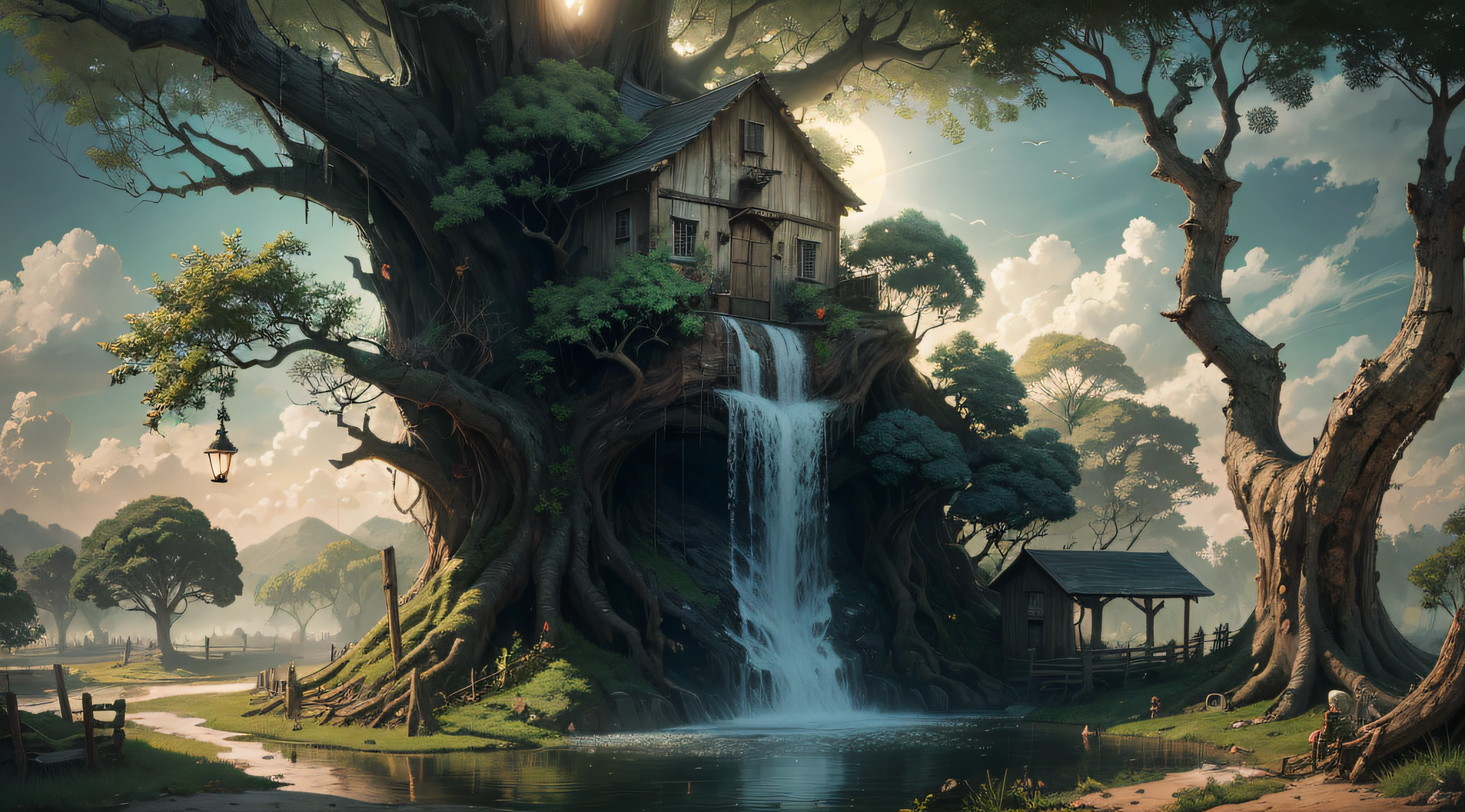 Gigantic colorful trees with many vines, palmeiras, coqueiro, fallen logs, a watermill with a waterwheel, moinho de vento, numa cachoeira exuberante, rio com grandes rochas hiper realista, sky with clouds, sol, lua, global ilumination, profundidade de campo,