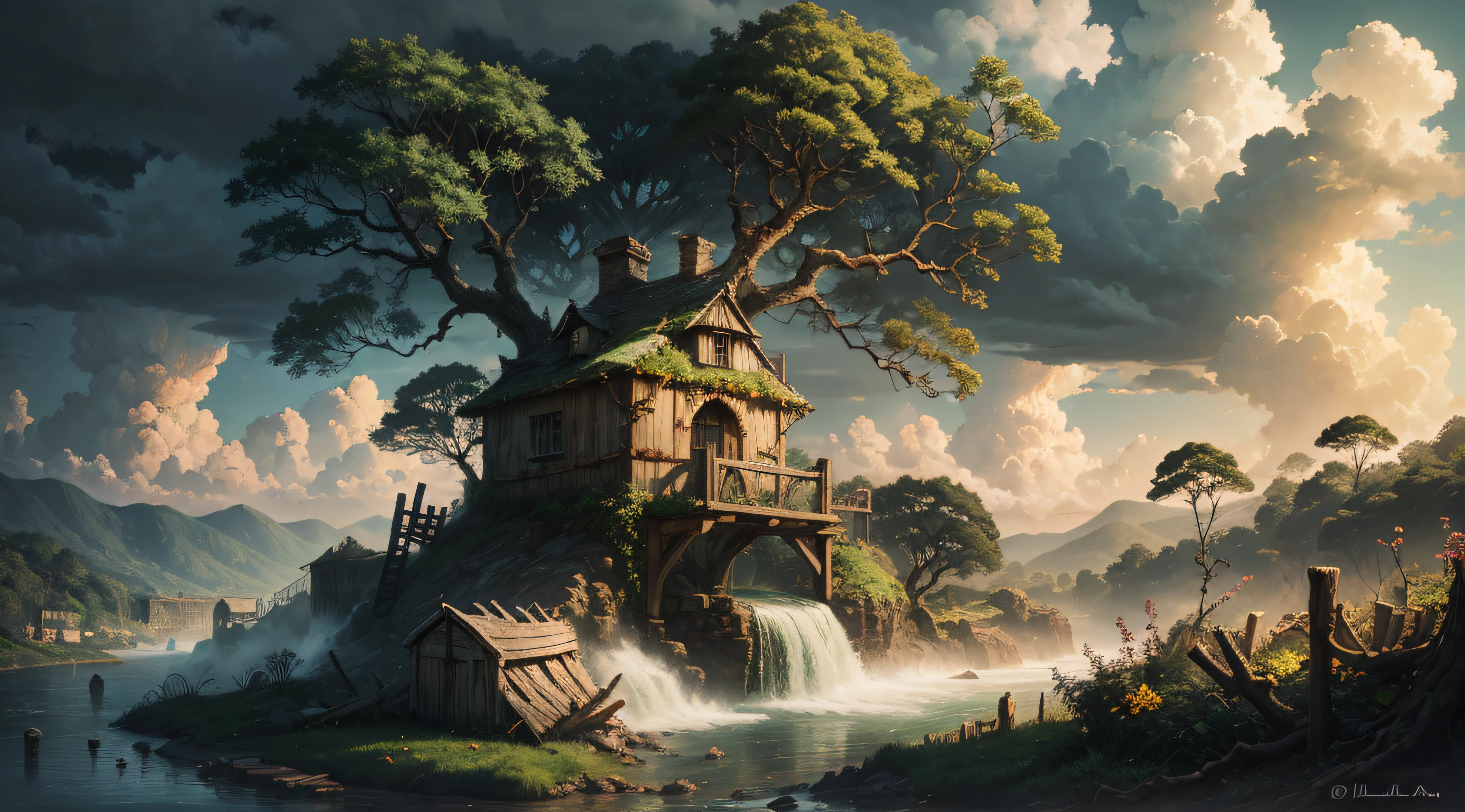 Gigantic colorful trees with many vines, palmeiras, coqueiro, fallen logs, a watermill with a waterwheel, moinho de vento, numa cachoeira exuberante, rio com grandes rochas hiper realista, sky with clouds, sol, lua, global ilumination, profundidade de campo,