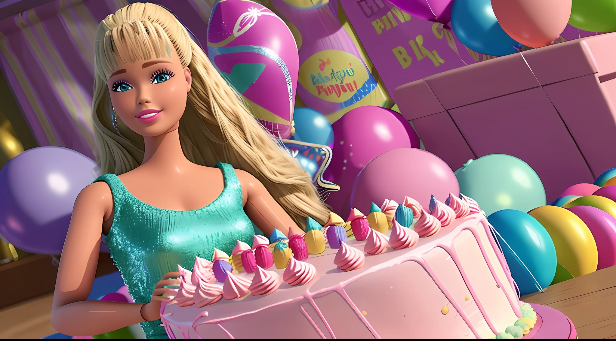 Barbie doll, Birthday, cabello rubio, birthday party, (obra maestra, La mejor calidad), Altas Resoluciones, (8k, foto RAW, highest qualityr), hiperrealista, ....3d, centrado, (TS_Barbie), (Perfect lighting and composition:1),Soft lighting, (High detail, 8K resolution:1), HDR:0.7, Cara detallada, perfecto, (dynamic), pose, (alta calidad:1.2), plastic skin, ((brillante:1.3)), friends, indoor party, birthday cake, balloons, birthday gifts
