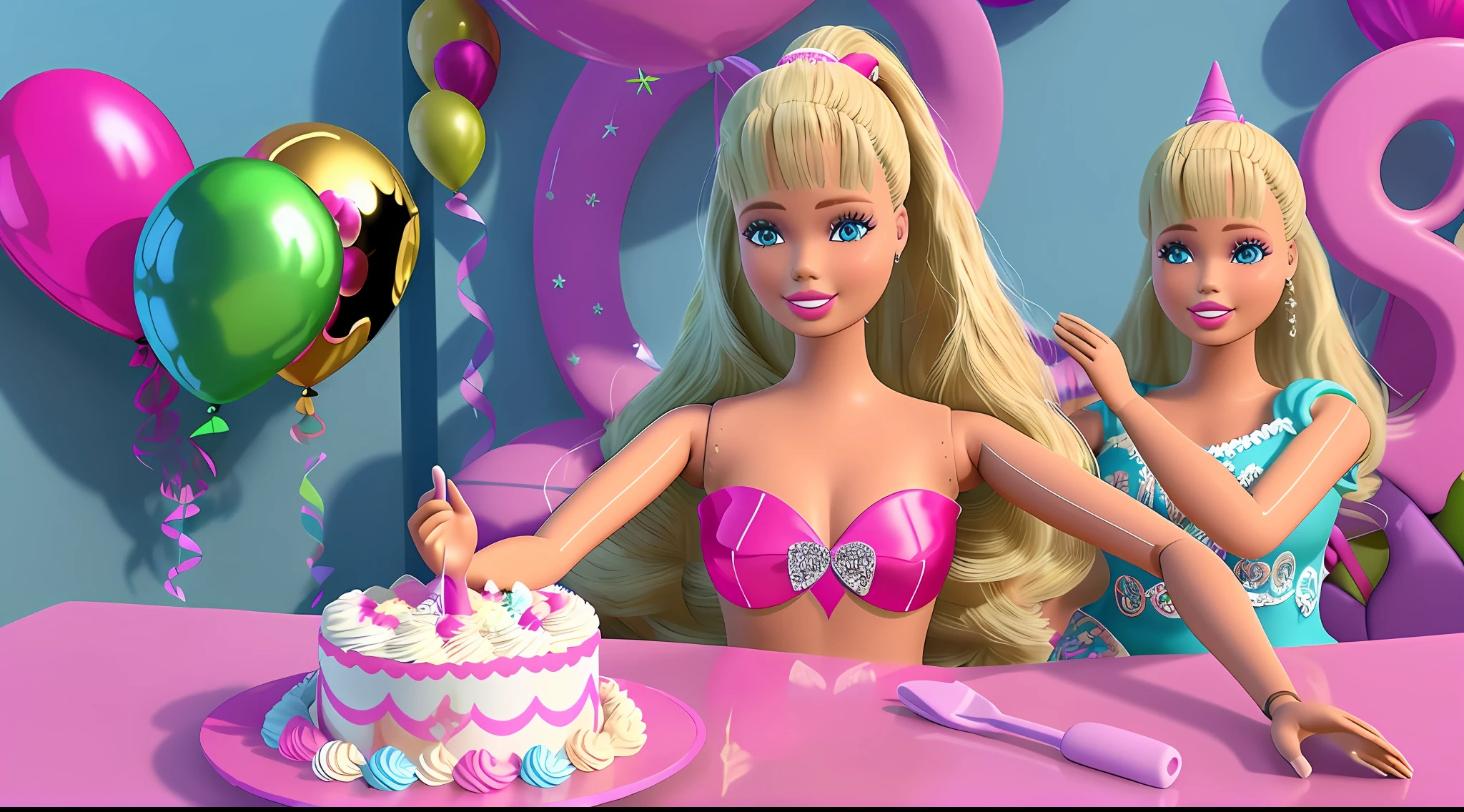 Barbie doll, Birthday, cabello rubio, birthday party, (obra maestra, La mejor calidad), Altas Resoluciones, (8k, foto RAW, highest qualityr), hiperrealista, ....3d, centrado, (TS_Barbie), (Perfect lighting and composition:1),Soft lighting, (High detail, 8K resolution:1), HDR:0.7, Cara detallada, perfecto, (dynamic), pose, (alta calidad:1.2), plastic skin, ((brillante:1.3)), friends, indoor party, birthday cake, balloons, birthday gifts