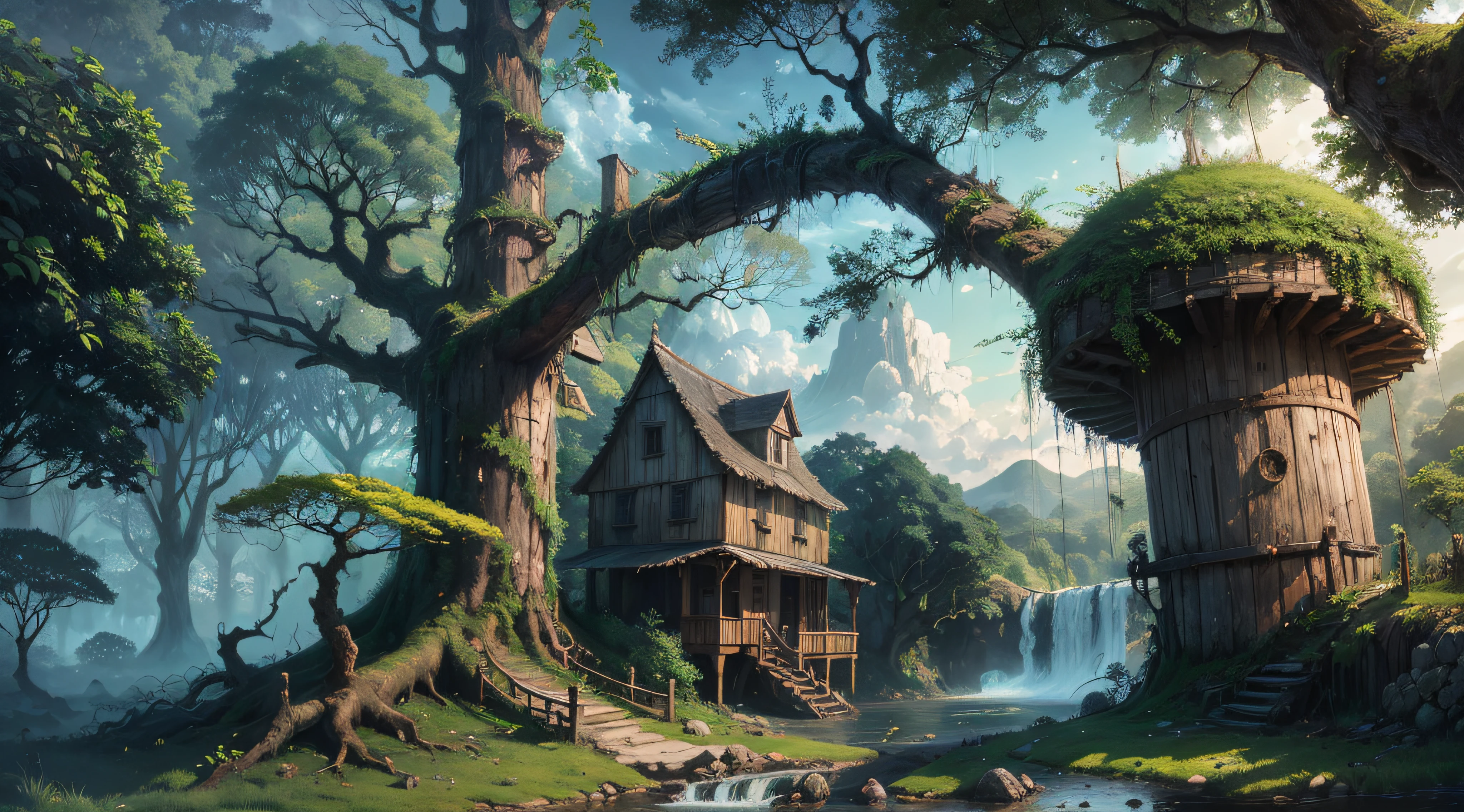 Gigantic colorful trees with many vines, palmeiras, coqueiro, fallen logs, a watermill with a waterwheel, moinho de vento, numa cachoeira exuberante, rio com grandes rochas hiper realista, sky with clouds, sol, lua, global ilumination, profundidade de campo,