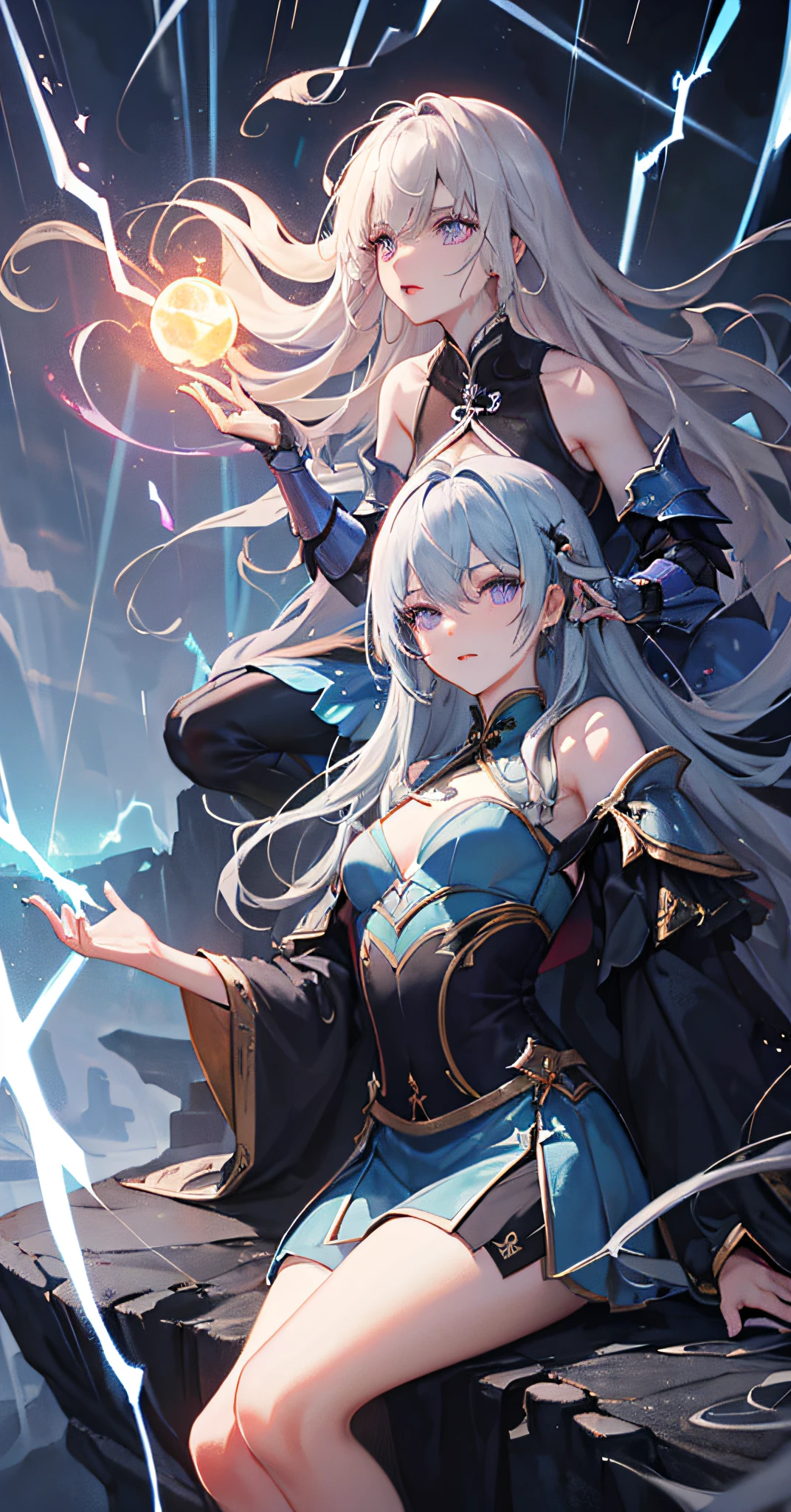 8K,复杂,ellegance,highly detailed,A majestic,Digital photography,cowboy lens,surrealism painting,Broken glass,Beating magic,Entwined lightning magic,(tmasterpiece,Sideslit,Fine beautiful eyes:1.2),hdr,Void 5 energy lightning storm,(ChineseGirl,Small breast,Purple eyes:1.5),paleskin,Glowing skin,(sitting on the stone:1.5),delicated face,delicate leg,Wearing palatial blue armor,cropped shoulders,Long gray hair,short skirt,Exquisite blue armor,Rained,big breasts beautiful,looking at viewert,facing at camera,tmasterpiece,,