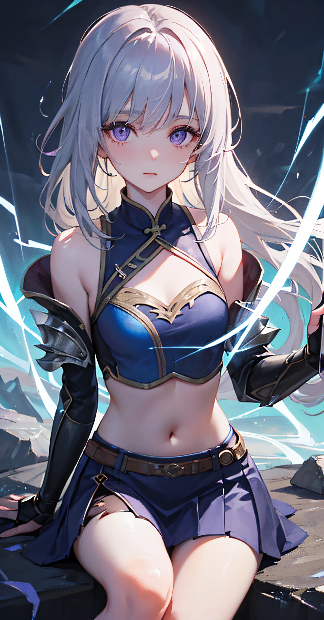 8K,复杂,ellegance,highly detailed,A majestic,Digital photography,cowboy lens,surrealism painting,Broken glass,Beating magic,Entwined lightning magic,(tmasterpiece,Sideslit,Fine beautiful eyes:1.2),hdr,Void 5 energy lightning storm,(ChineseGirl,Small breast,Purple eyes:1.5),paleskin,Glowing skin,(sitting on the stone:1.5),delicated face,delicate leg,Wearing palatial blue armor,cropped shoulders,Long gray hair,short skirt,Exquisite blue armor,Rained,big breasts beautiful,looking at viewert,facing at camera,tmasterpiece,,