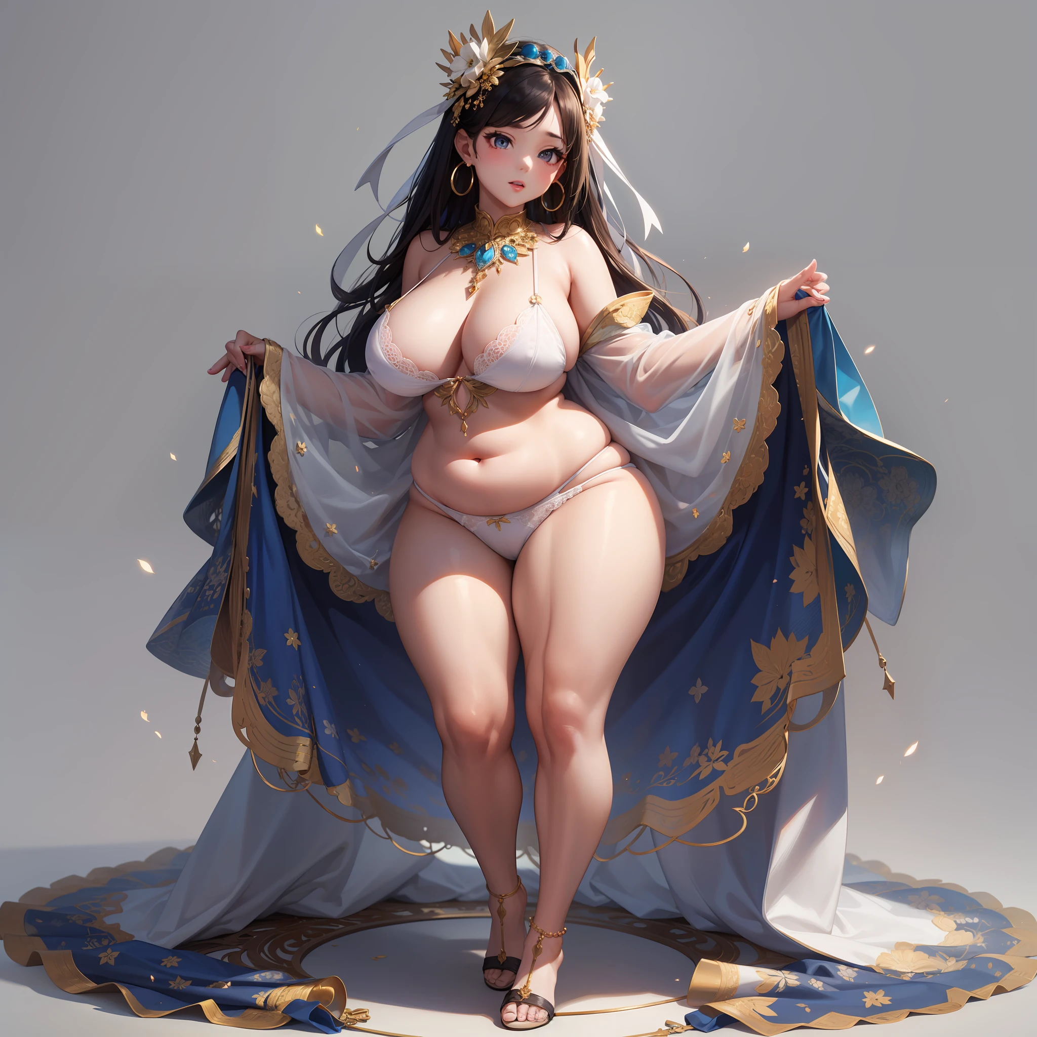 masterpiece:1.6, top-quality:1.4, Real image:1.2, intricate detailes:1.2, Charturnerv2:1.2, 1Lady's full-body character turnaround, NSFW, garments:barechested:1.3、 accessory:golden ring、Simple hoop earrings、shell necklace、hair bows、Hair Ornament、 The hair:long Brond Hair、hair messy、 make - up:Natural, glowing skin、 (simple background, white backgrounid:1.3), Beautiful, Colossal tits、Kind face, high-level image quality, chubby, ((chubby)), Full body, no mosaic, tight undies, Underwear digs into the body、huge-breasted、soio、More chubby、Chubby、Nipple protrusion、Lace underwear