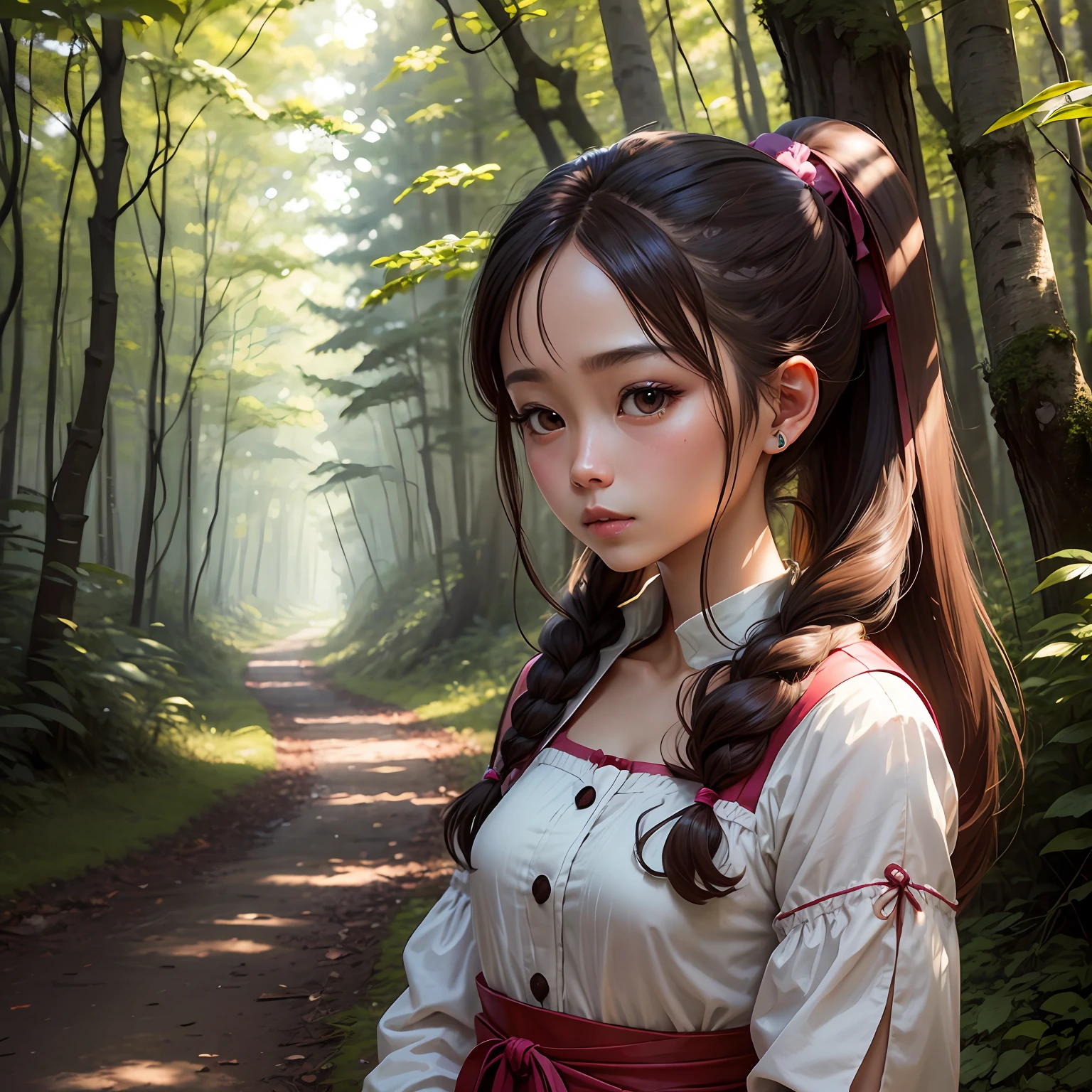 top-quality、femele、poneyTail、onepiece、Brown hair、in woods --auto