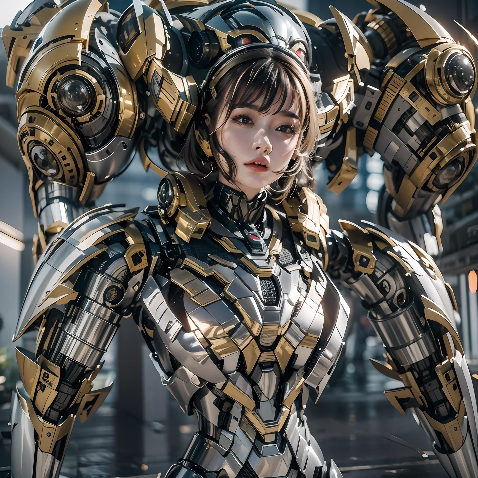 1girll，Perfect facial features，delicated face，Mecha，(cyber punk perssonage:1.3)，Put on a black-gold titanium mech，Bring headphones，shelmet，Super complex helmets and headphones，Illuminated helmet and headphones，glowing jewelry，Glowing earrings，Glowing necklace，inside in room，Electronic wire background，best qualtiy，tmasterpiece，Movie filter presets，movie level lighting，c4d渲染，rendering by octane，Realistic metal surface，((Brushed metal surface texture))，((with light glowing))，Glow，(fully body photo:1.5)，(Mechanical heels:1.5)，High chiaroscuro，