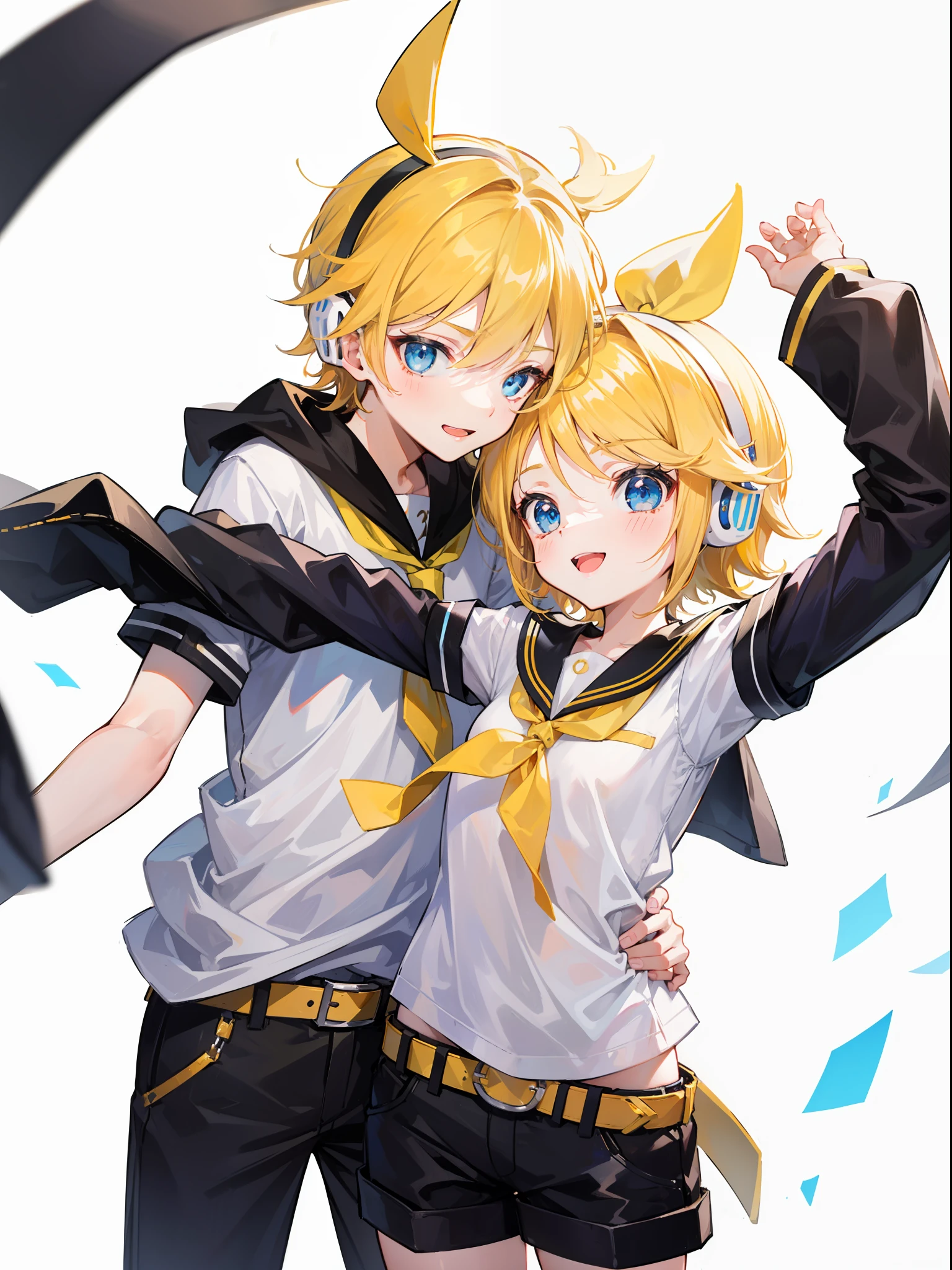 best quality, ultra precision, only two person, one boy and one girl, (a boy is Kagamine_Len), (a girl is Kagamine_Rin), blue eyes, cute, short hair, head phone, blond hair, sailor uniform, black short pants, belt, yellow necktie, smile, , twins, love each other, siblings, children, (boy is as tall as girl), kids, characters focus, couple, love each other, white background, look at each other, platonic love, cool boy, cute girl, (hug), cowboy shot, blush, happy, boy is cowlick, little boy, boy protect girl, best moment