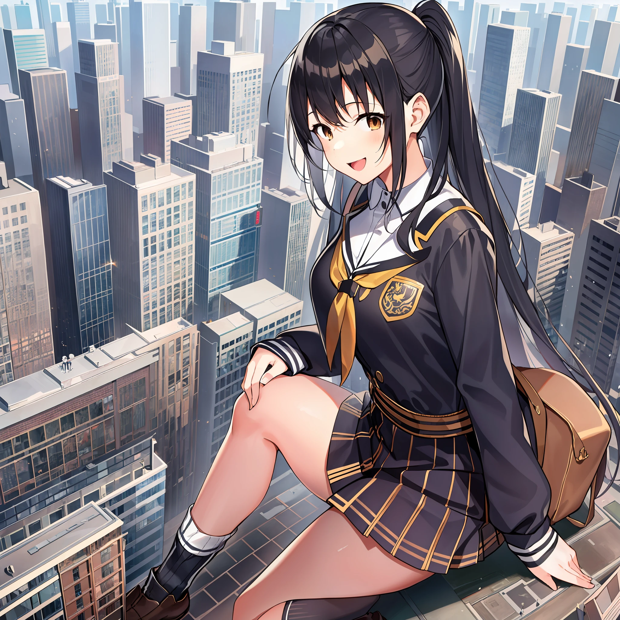 1girl, 15 years old, black hair, brown eyes, (socks:1.4), school uniform, bangs, genuine, highly detailed, happy, smiling, full body, anime girl sitting on a ledge in a city with a cityscape in the background, giantess art!!!