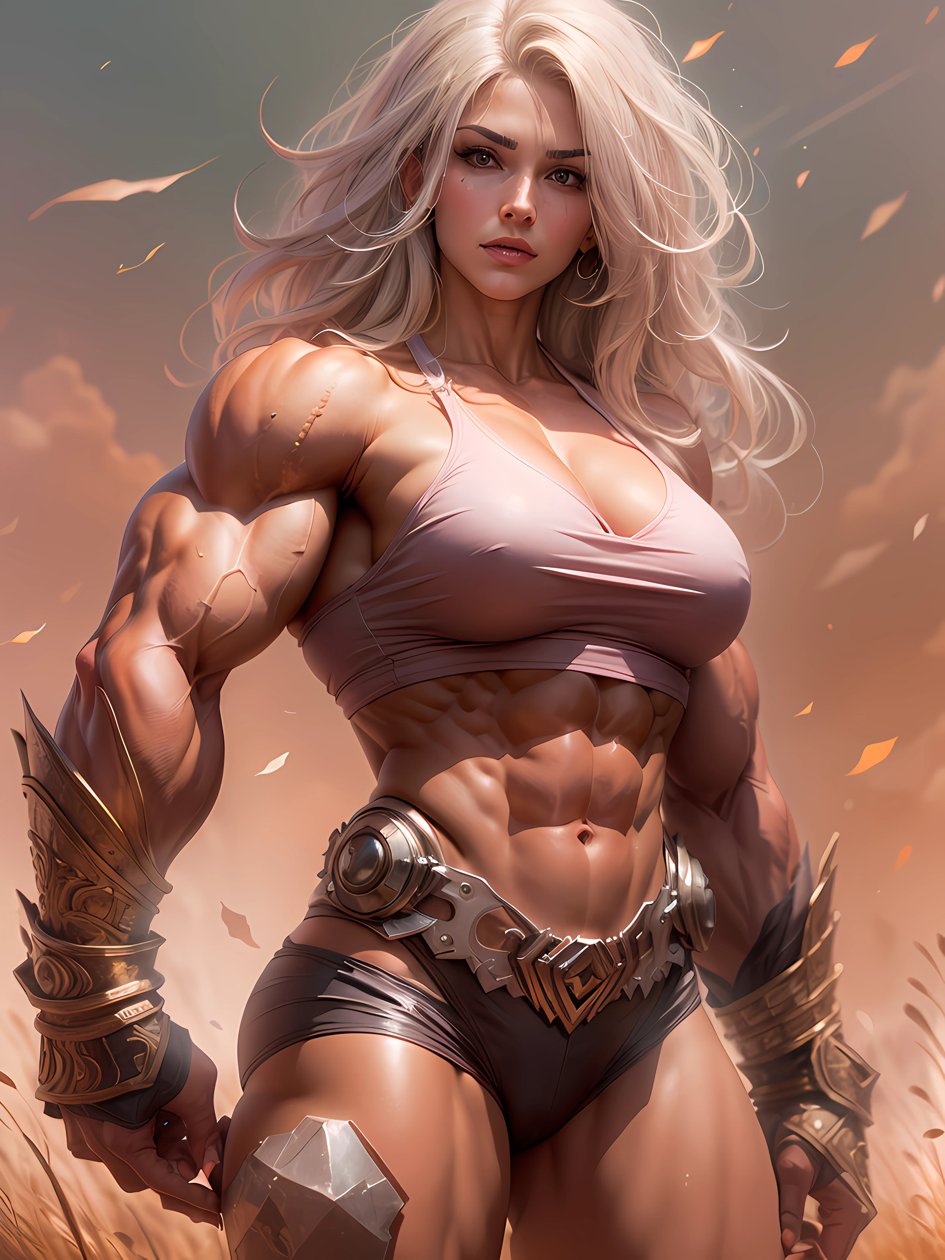 (masterpiece: 1.2), (best quality: 1.2), Arafed female bodybuilder in light ?????? posing in a field with heavy metals scattered, beautiful, big full ??????? with veins, perfect body, muscular warrior women, ultraviolent muscular woman, muscular girl, feminine and muscular, full muscular pectorals, swollen ???????, muscular, female bodybuilder, muscular druid, very beautiful, slight smirk, big eyes, pink eyes, big muscles, very strong woman, extreme muscles, massive muscles, muscles, slight smirk, big sharp eyes, strong and muscular, giant muscles with veins, feats of strength, wide ????, perfect lighting, white skin, light-brown hair, mature woman, venous muscles, huge ????????, 1girl,
