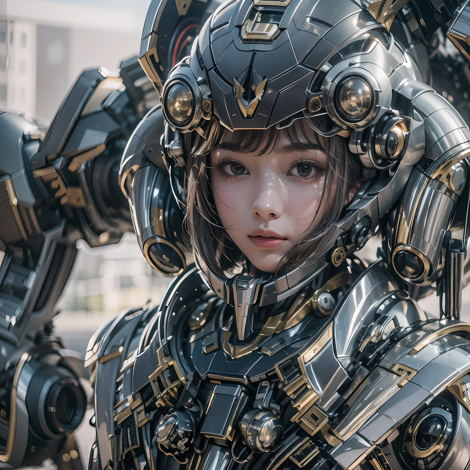 1girll，Big eyes，Perfect facial features，With a mecha helmet，mechs，Photorealsitic，Metallic，eyes looking at the lens，Lips slightly open，Behind him was a huge mech，best qualtiy，c4d渲染，rendering by octane，Cinematic quality，tmasterpiece，16k,(fully body photo)