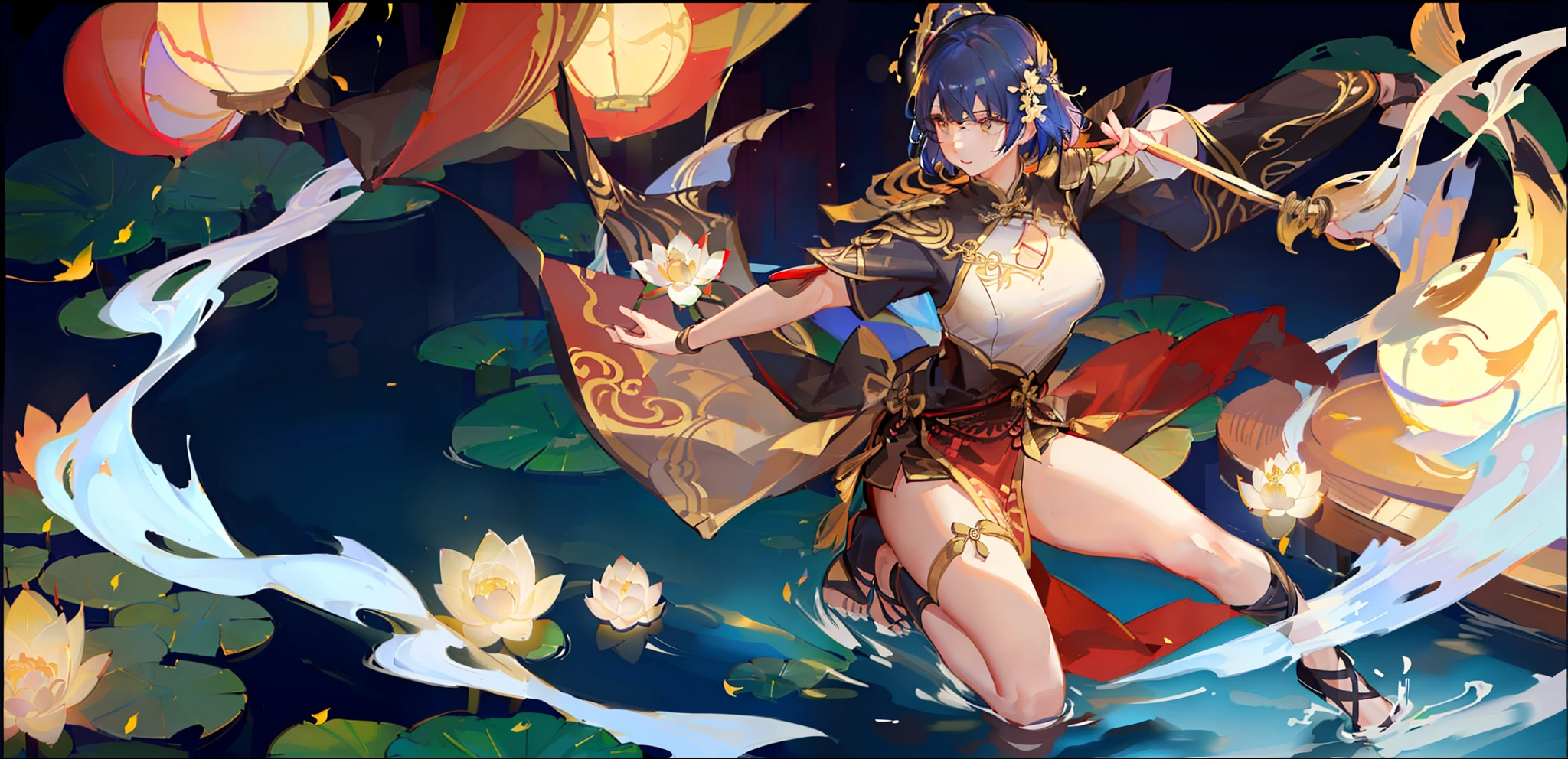 Woman with bow and arrow,An ancient Chinese beauty,Beauty with short hair,Koi,Intangible Cultural Heritage Fish Lanterns,squatting pose,Stretch one leg forward,illustratio,the night,Lotus,Lotus leaf,Glowing lotus,stage lighting,warm lights,downy,brightly, bustle,fully body photo,in a panoramic view,Around the halo,Around the flow of water,Look at the perspective from above,vividness,with dynamism,Dynamic movements,Expressiveness,cinematic ligh,Stunning ancient Chinese epic theme,Game art,lightand shade contrast,soft focus,Ethereal,Game cg style