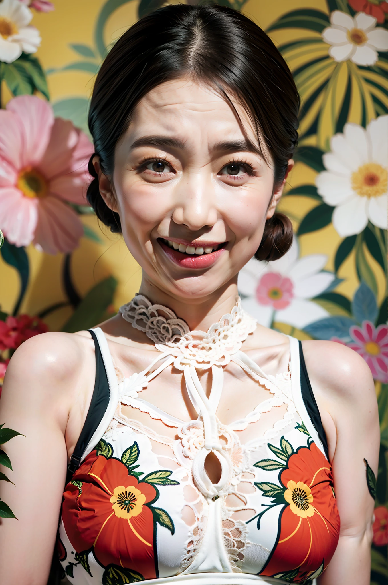 hight resolution, Original, (flat-colors:0.9),(colourfull:1.1),(masterpiece:1,2), top-quality, masterpiece, hight resolution, Original, highly detailed wallpaper, Viewer's Perspective,Solo,portlate, (A MILF)、64 years old、Mature Woman Body Set、Exposing breasts、showing teeth、Detailed tongue、Detailed mouth、Staring at this、Floral background、undergarment、(Mature)、Wrinkles at the corners of the eyes、