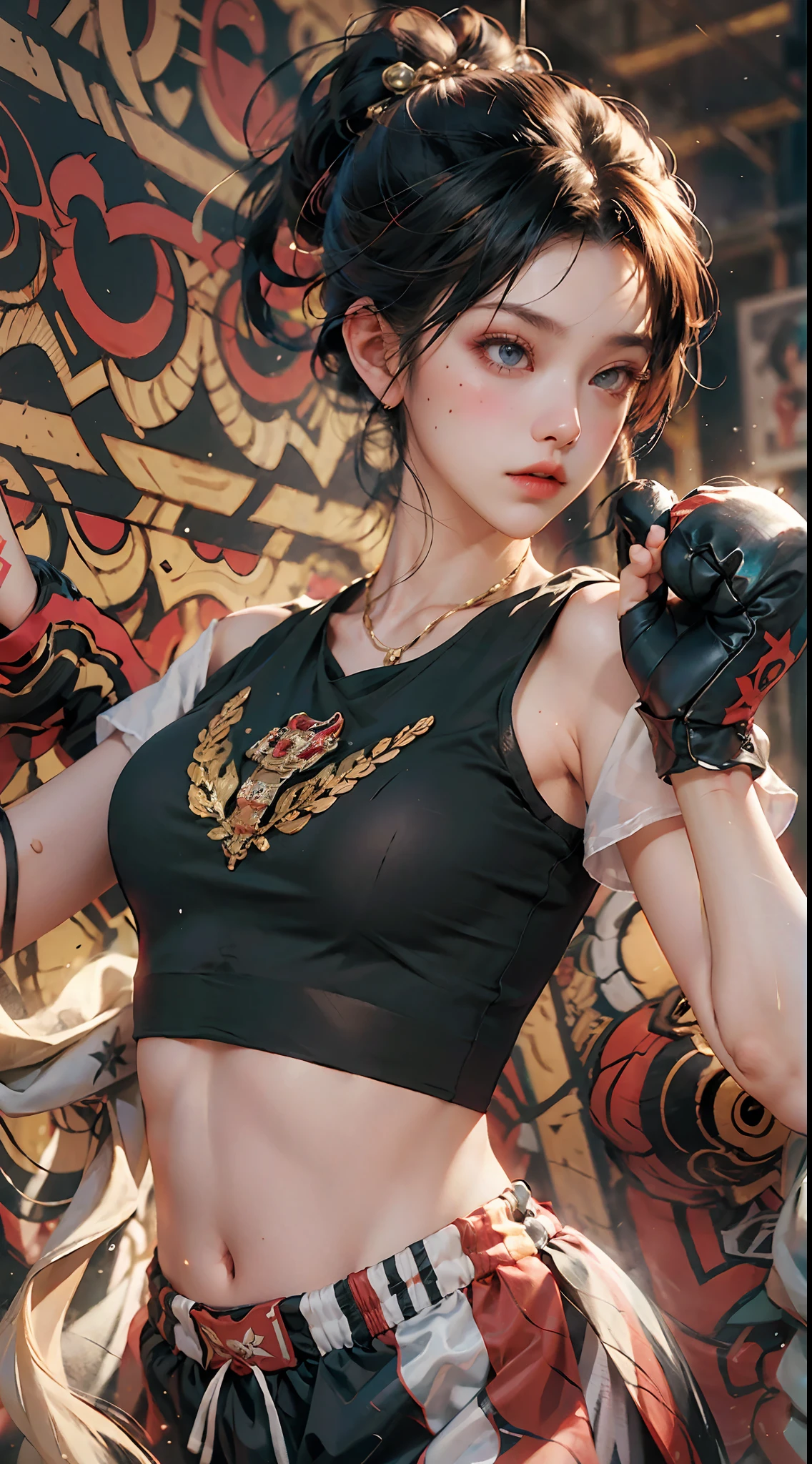 Masterpiece, top quality, (realistic, realistic: 1.4), (RAW photo: 1.2), very delicate CG Unity 8K wallpaper, very delicate beautiful, wonderful, boxing pose, attention to detail, official art, ridiculous, incredibly ridiculous, huge file size, very fine, very delicate, beautiful eyes and face, beautiful delicate eyes, light on face, a girl, ponytail, (pompom) navel, half, PE uniform short sleeve crop top t-shirt, boxing gloves, bare arms, bangs, Boxing Gym, Boxing Ring, ULZZANG-6500-v1.1